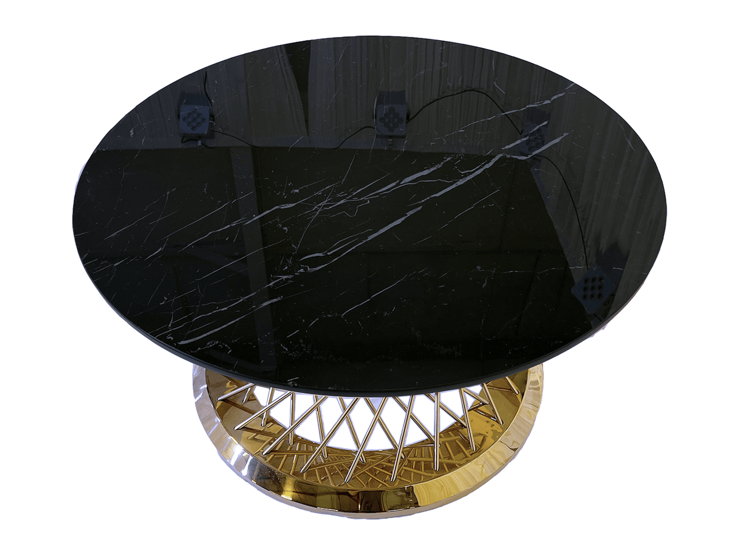 INFINITE COFFEE TABLE - BLACK - H 19" / 35" Diameter LLL's Infinite Coffee Table is a genuine marble coffee table with a gold tessellated spiral base. This table combines glitz and glamour with classic marble. This table is exquisitely beautiful and uniq