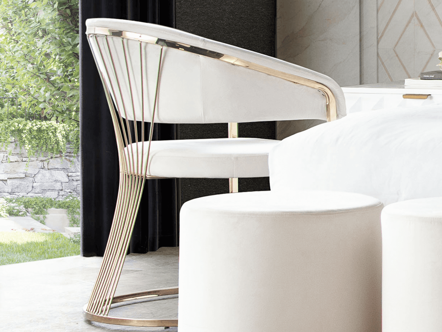 INFINITE CHAIR - IVORY - H 34" / W 26" / D 25" The Infinite Dining Chair in Ivory is an elegant dining chair option for sophisticated events and weddings. Featuring luxe ivory microfiber fabric and bright gold legs and details, this chair can be used in a