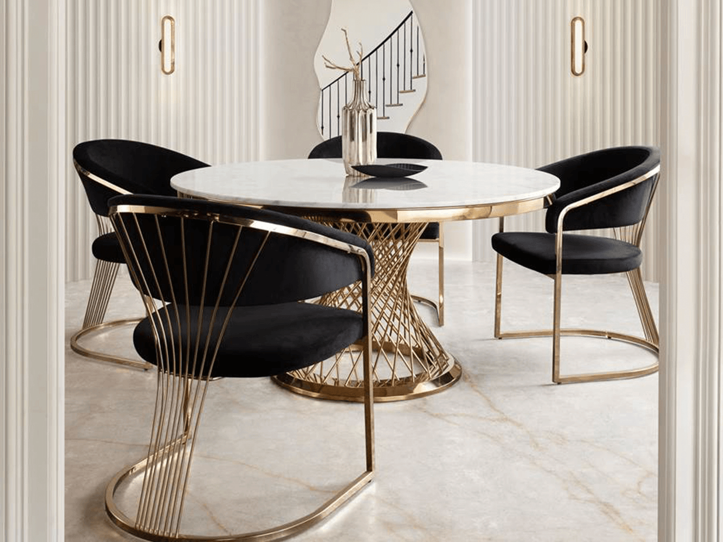 INFINITE CHAIR - BLACK - H 34" / W 26" / D 25" The Infinite Dining Chair in Black is an elegant dining chair option for sophisticated events. Featuring luxe black microfiber fabric and bright gold legs and details, this chair can be used as a dining chair