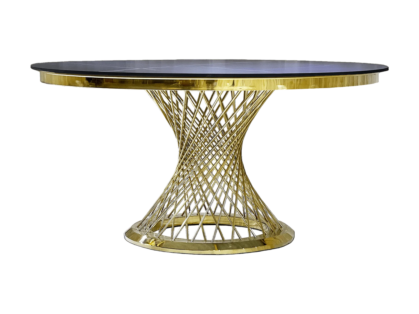 INFINITE DINING TABLE - BLACK MARBLE - H 30" / W 59" / D 59" The Infinite Dining Table is a high glam dining table ideal for elegant, seated events. This table features a black faux marble top with tessellated gold spindles at the base. The perfect additi