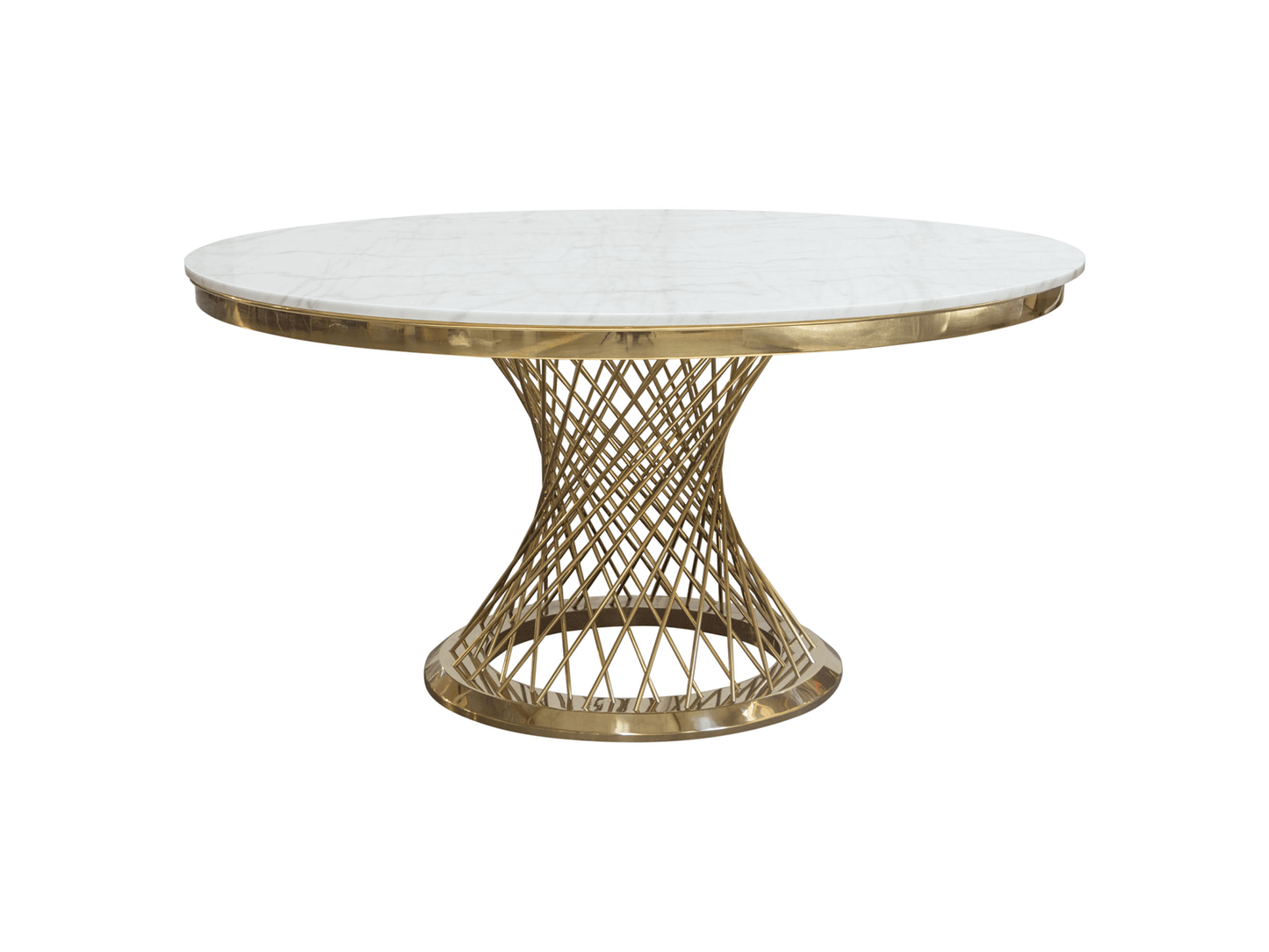 INFINITE DINING TABLE - WHITE MARBLE - H 30" / W 59" / D 59" The Infinite Dining Table is a high glam dining table ideal for elegant, seated events. This table features a white faux marble top with tessellated gold spindles at the base. The perfect additi