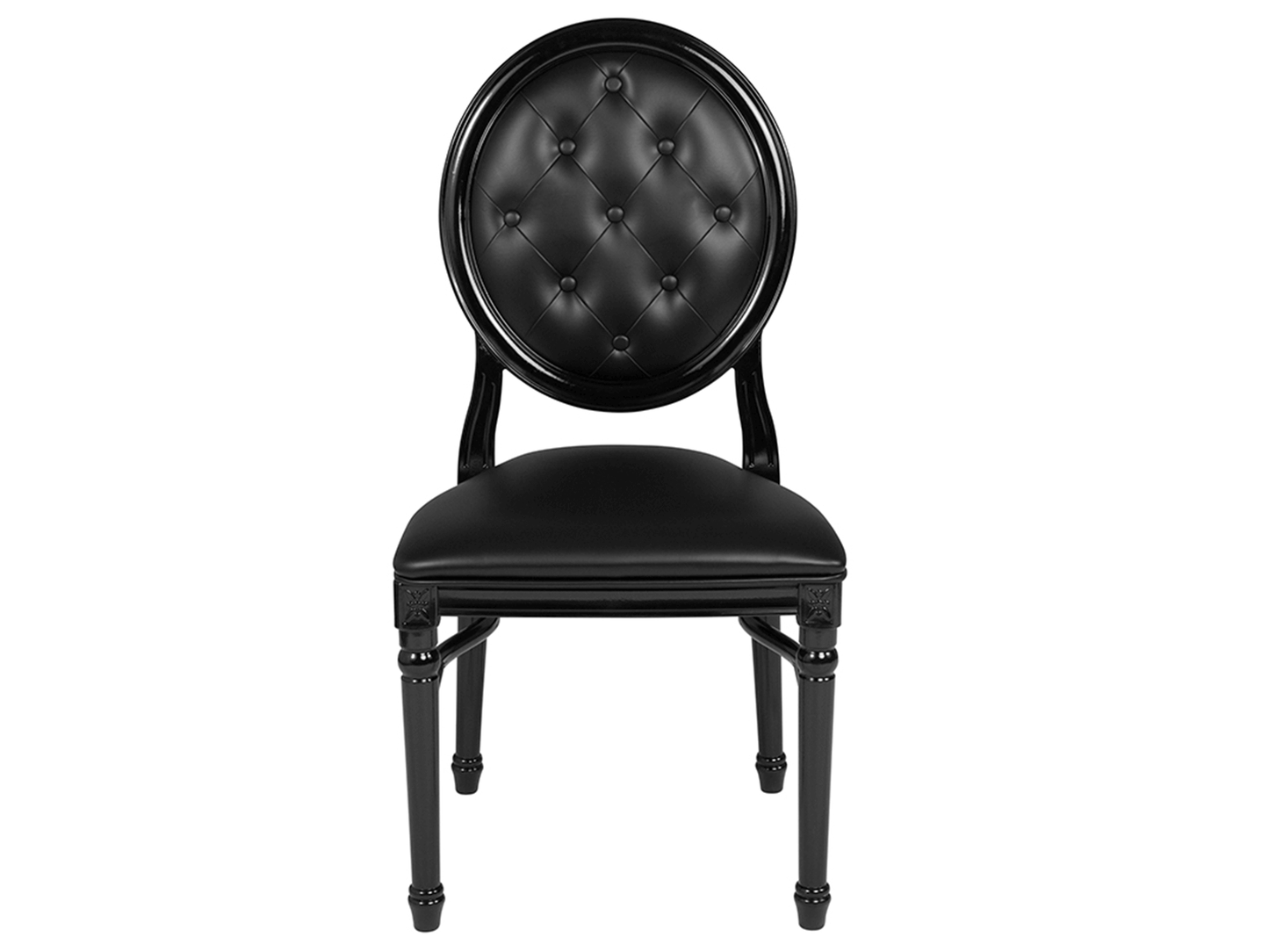 KING LOUIS TUFTED CHAIR - BLACK - H 39" / W 19.75" / D 20" / Seat D 18.5" LLL's King Louis Chair in Black is a beautifully designed dining chair with elegance in mind. The detail in this chair from the etched design square blocks topping the front legs, t