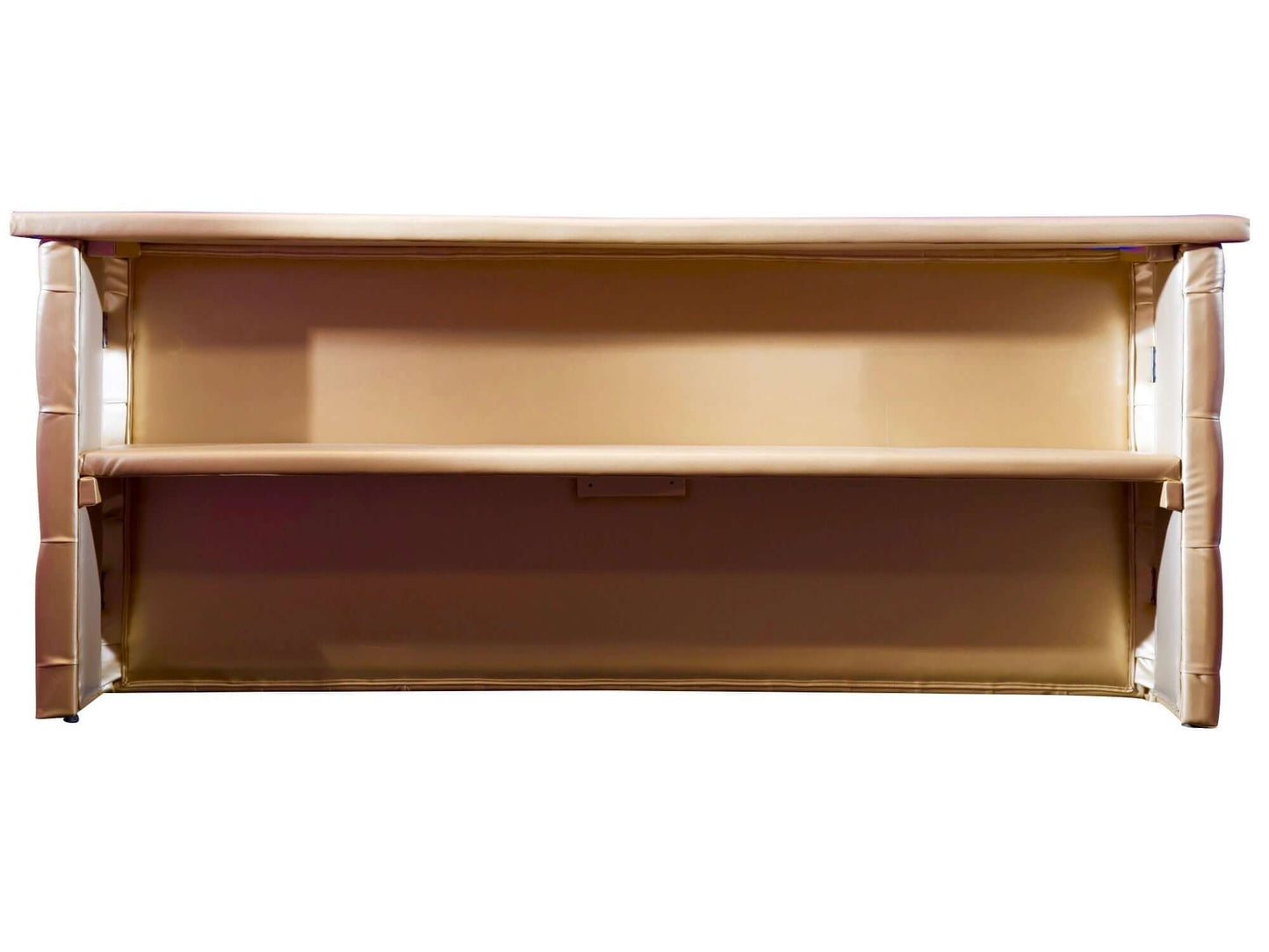 LENOX 8FT BAR - GOLD - H 39" / W 96" / D 15" / D(shelf) 10.5" The Lenox 8ft tufted leather bar features the plush tufts featured throughout the Lenox products. This bar has nice clean lines that will blend seamlessly with your decor. The gold bar will giv