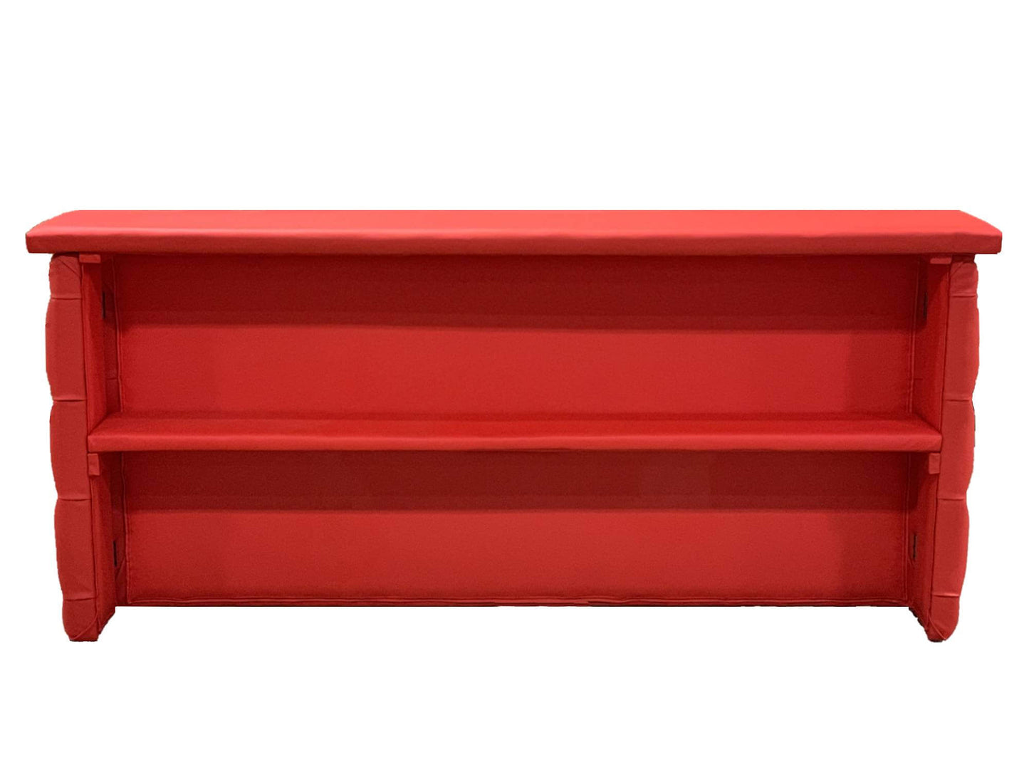 LENOX 8FT BAR - RED - H 39" / W 96" / D 15" / D(shelf) 10.5" The Lenox 8ft tufted Bar in Red is a leather bar with plush tufts featured throughout the Lenox products. This bar has nice clean lines that will blend seamlessly with your decor. The vibrant re