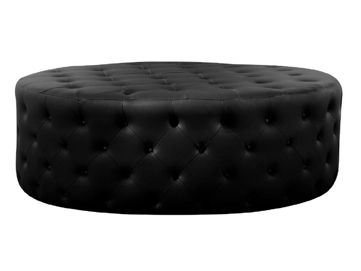 LENOX ROUND OTTOMAN - BLACK - H 17" / 46" Diameter Complete the look by adding an extra design element to your event. The oversized Lenox tufted ottoman is large and beautifully crafted with black button tufted leather. This ottoman is contemporary, refin