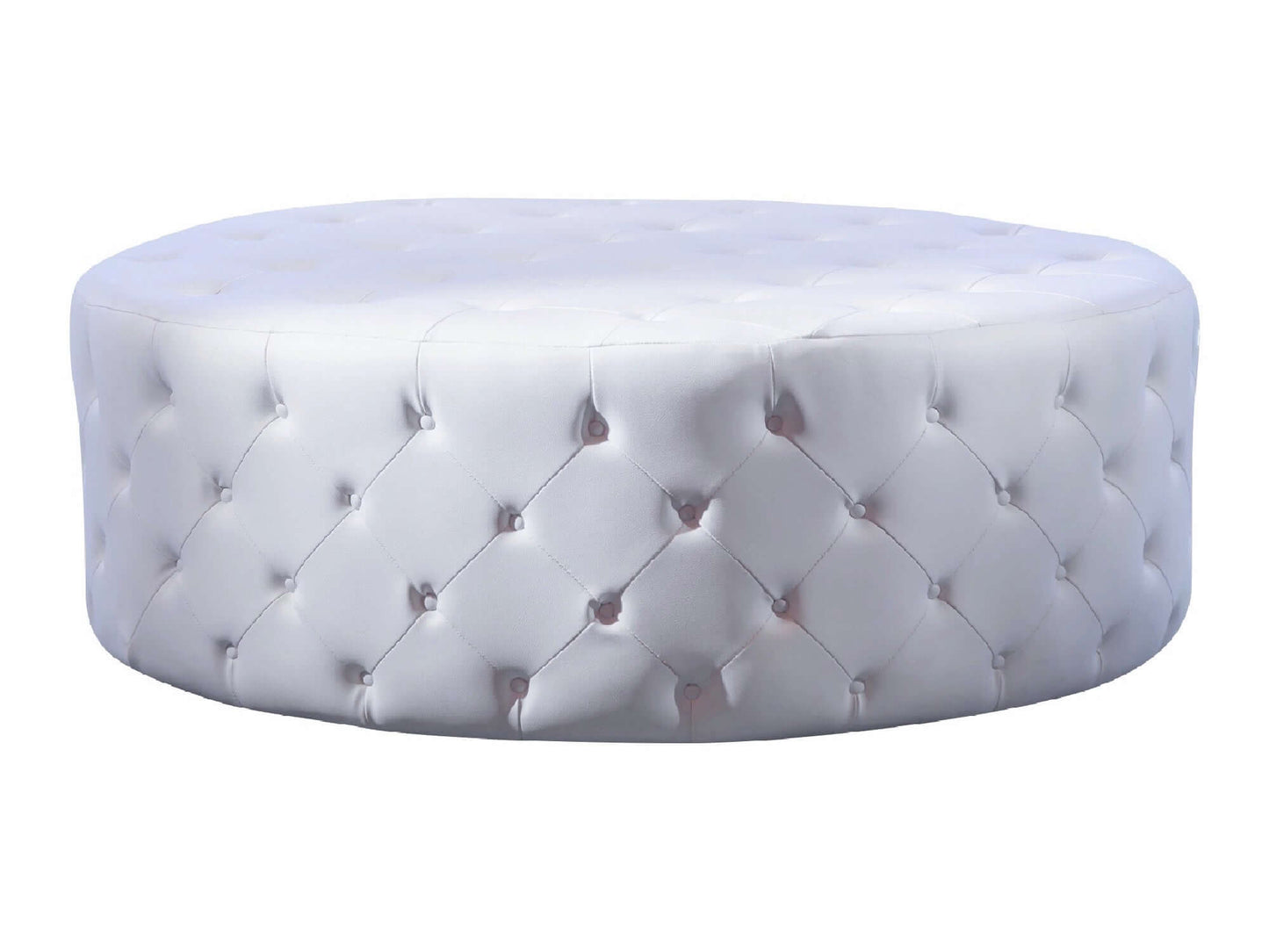 LENOX ROUND OTTOMAN - WHITE - H 17" / 46" Diameter Complete the look by adding an extra design element to your event. The oversized Lenox tufted ottoman is large and beautifully crafted with white button tufted leather. This ottoman is romantic, elegant a