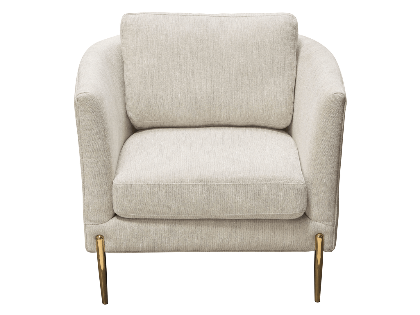 LESLIE ARMCHAIR - SAND - H 33" / W 33" / D 36" LLL's Leslie Armchair in Sand is a curved back armchair with brushed gold legs. This armchair is soft in color, yet bold in style. Perfect for social and corporate gatherings, the Leslie Armchair pairs perfec