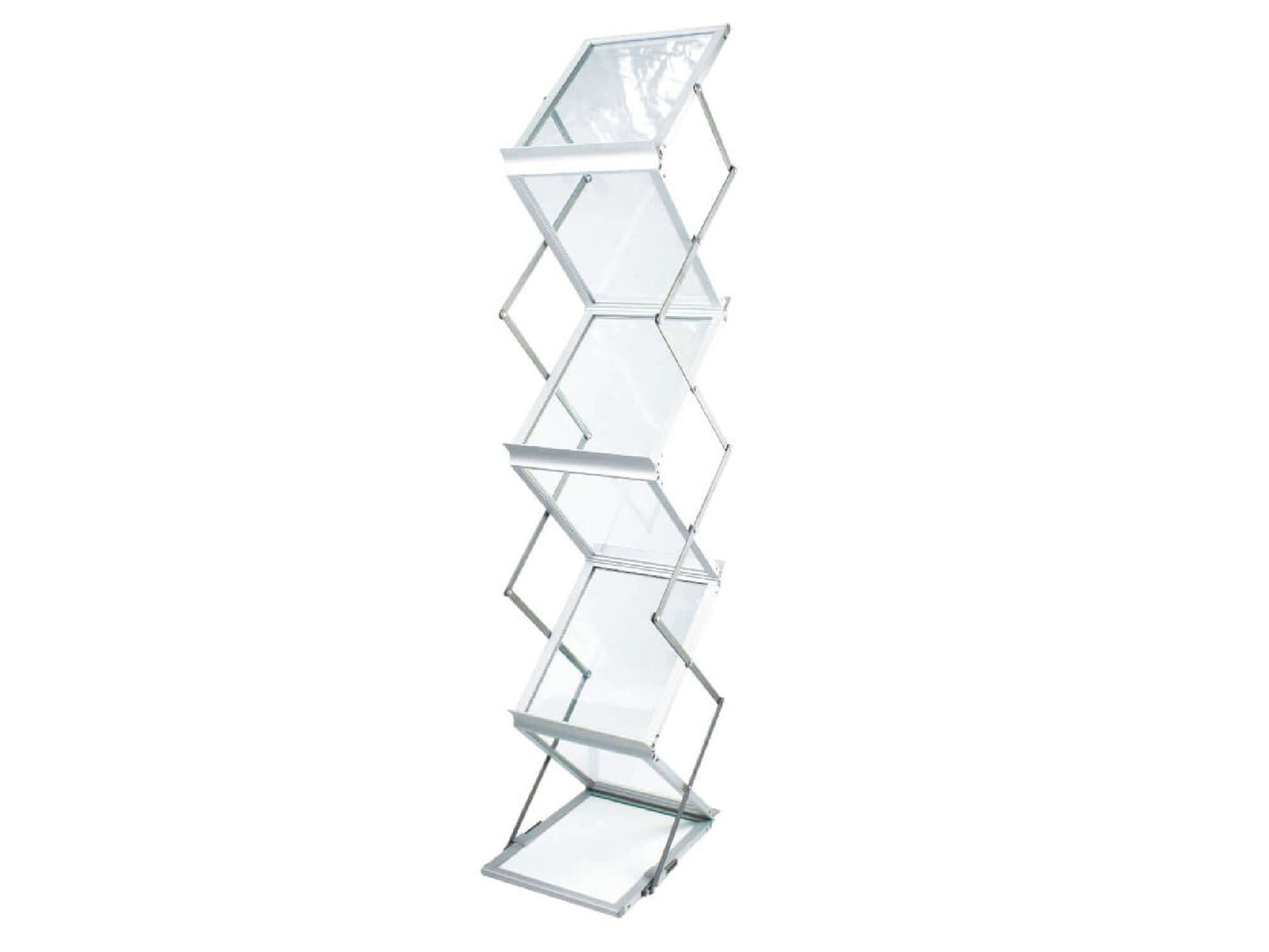 LITERATURE STAND - H 58" / W 10.2" / D 14.2" LLL's Literature Stand is an adjustable height aluminum dual side floor display stand. Each slot holds 8.5" x 11" documents and is ideal for displaying marketing materials at trade shows or holding programs for