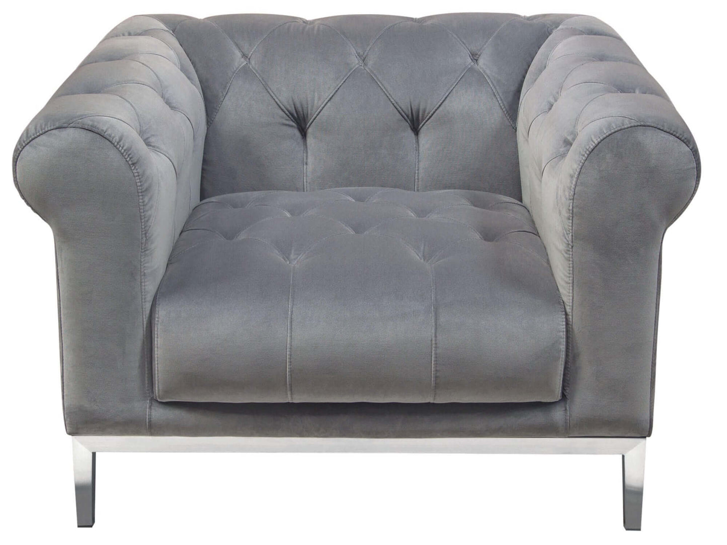 LONDON ARMCHAIR - PLATINUM GREY - H 39" / W 42" / D 28" LLL's London Armchair in Platinum Grey is a tufted velvet armchair with rolled arms and pegged chrome feet. This seat is deep, plush, and opulent. This elegant seating option maintains traditional s