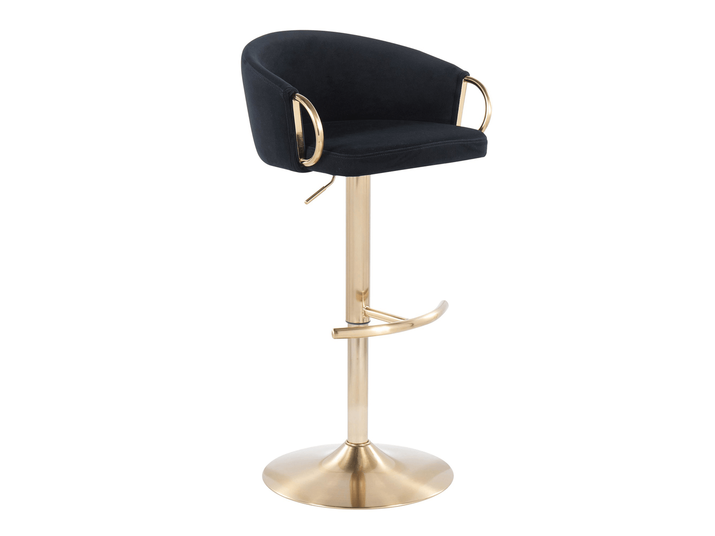 LUNA BARSTOOL - BLACK VELVET - H 32.25-40.75'' / W 21.5" / D 19" LLL's Luna Barstool. Featuring a luxurious black velvet seat atop a gold base, this barstool adds a touch of elegance to any room. The perfect seating for both modern and traditional spaces.