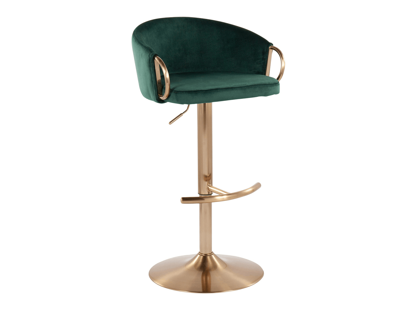 LUNA BARSTOOL - EMERALD VELVET - H 32.25-40.75'' / W 21.5" / D 19" LLL's Luna Barstool. Featuring a luxurious emerald velvet seat atop a gold base, this barstool adds a touch of elegance to any room. The perfect seating for both modern and traditional spa