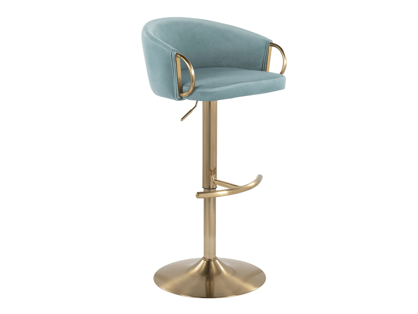 LUNA BARSTOOL - TURQUOISE VELVET - H 32.25-40.75'' / W 21.5" / D 19" LLL's Luna Barstool. Featuring a luxurious turquoise velvet seat atop a gold base, this barstool adds a touch of elegance to any room. The perfect seating for both modern and traditional