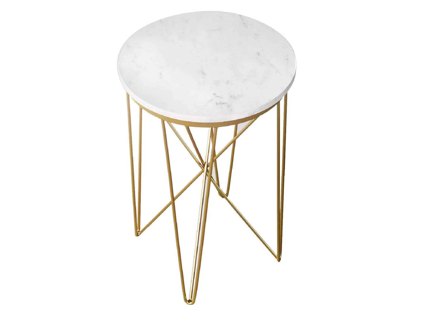 POMPEII ACCENT TABLE - H 22" / Diameter 17" LLL's Pompeii Accent Table is a faux marble round accent table with a triangular gold base. This compact lightweight table adds a chic style moment to any event decor.