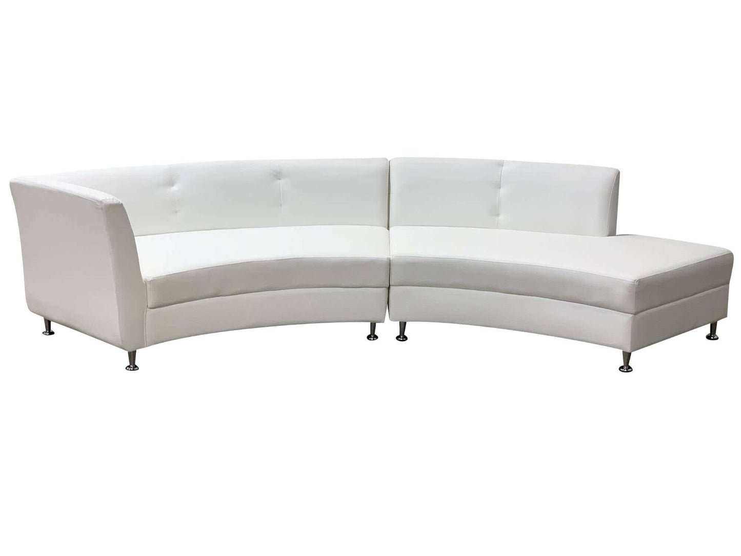 LUXURY 2PC SEMI-BACK SOFA - WHITE - H 30" / W 147" / D 34" / D(seat) 24" LLL's Luxury 2pc Semi-back Sofa in White is a modern chaise style curved leather sofa that consists of 1 White Luxury Right Arm Section and 1 White Luxury Semi-back Section. This sof