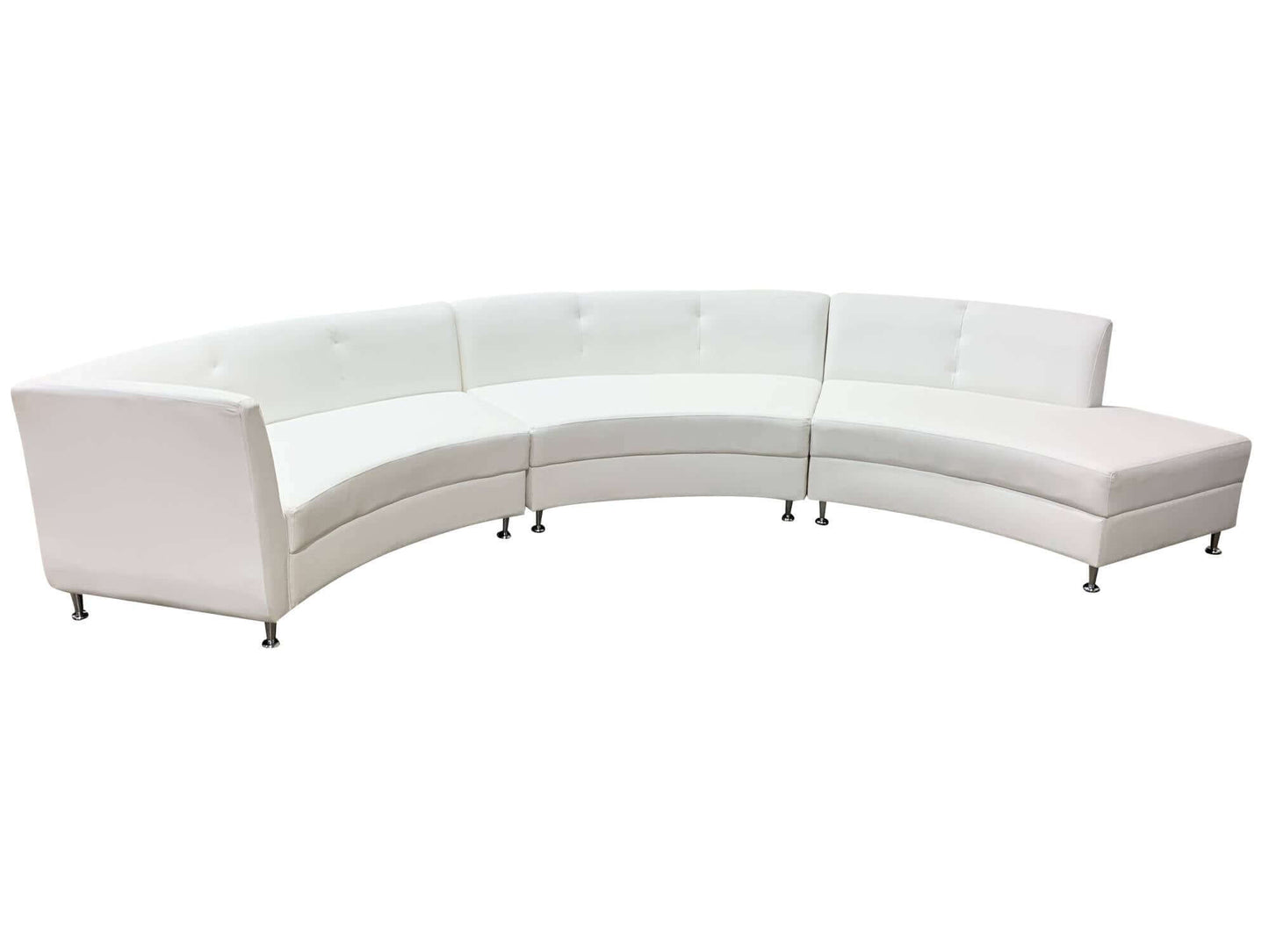 LUXURY 3PC SEMI-BACK SOFA - WHITE - H" 30" / W 224" / D 34" / D(seat) 24" LLL's Luxury 3pc Semi-back Sofa in White is a modern chaise style curved leather sofa that consists of 1 White Luxury Right Arm Section, 1 White Armless Section and 1 White Luxury S