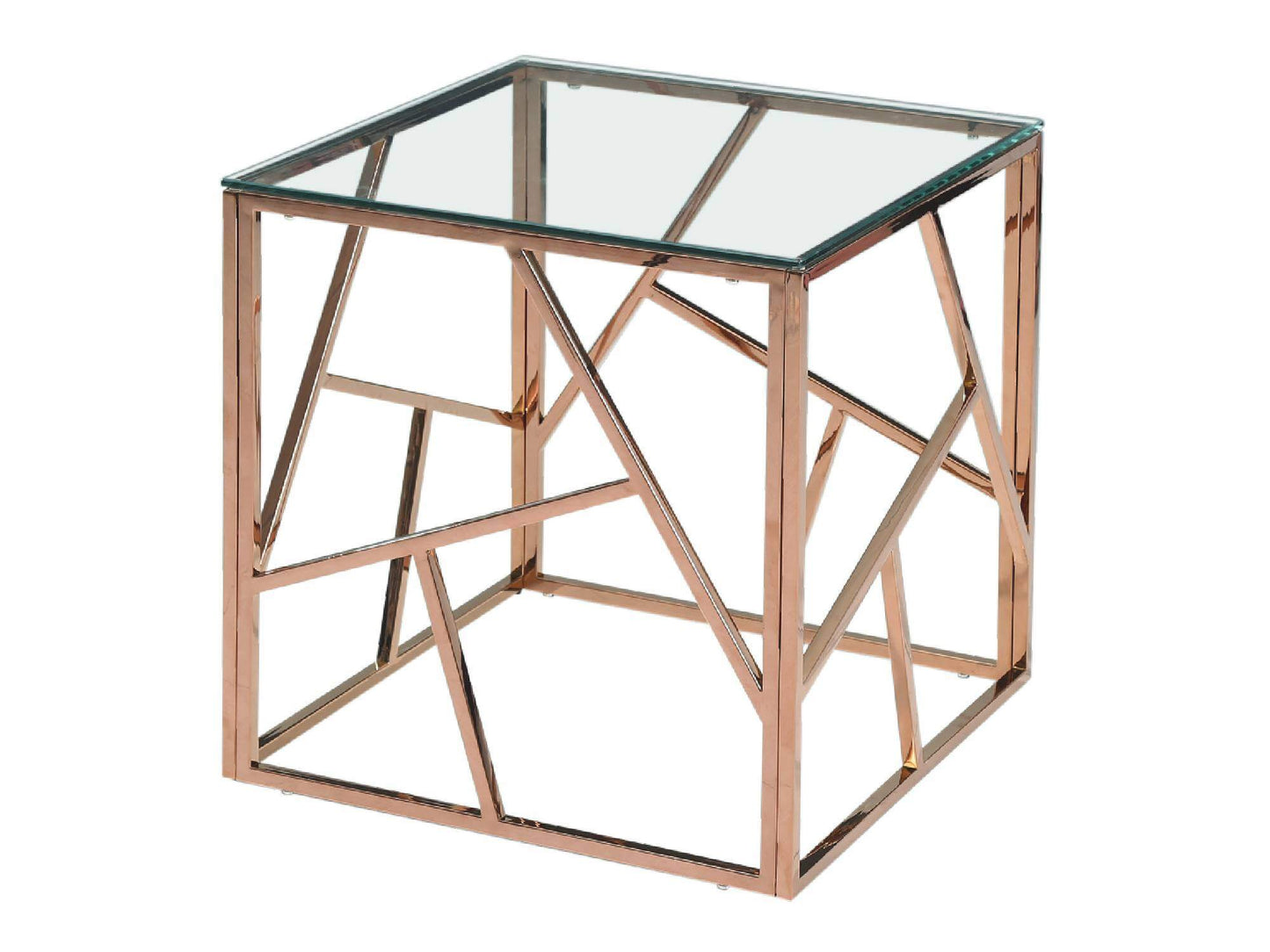MOSAIC ACCENT TABLE - ROSE GOLD - H 22" / W 22" / D 22" LLL's Mosaic Accent Table in Rose Gold is a rose gold geometric metal frame end table with a smoke glass top. This accent table adds glitz and brilliant shine to any venue. Its beautiful metallic fin