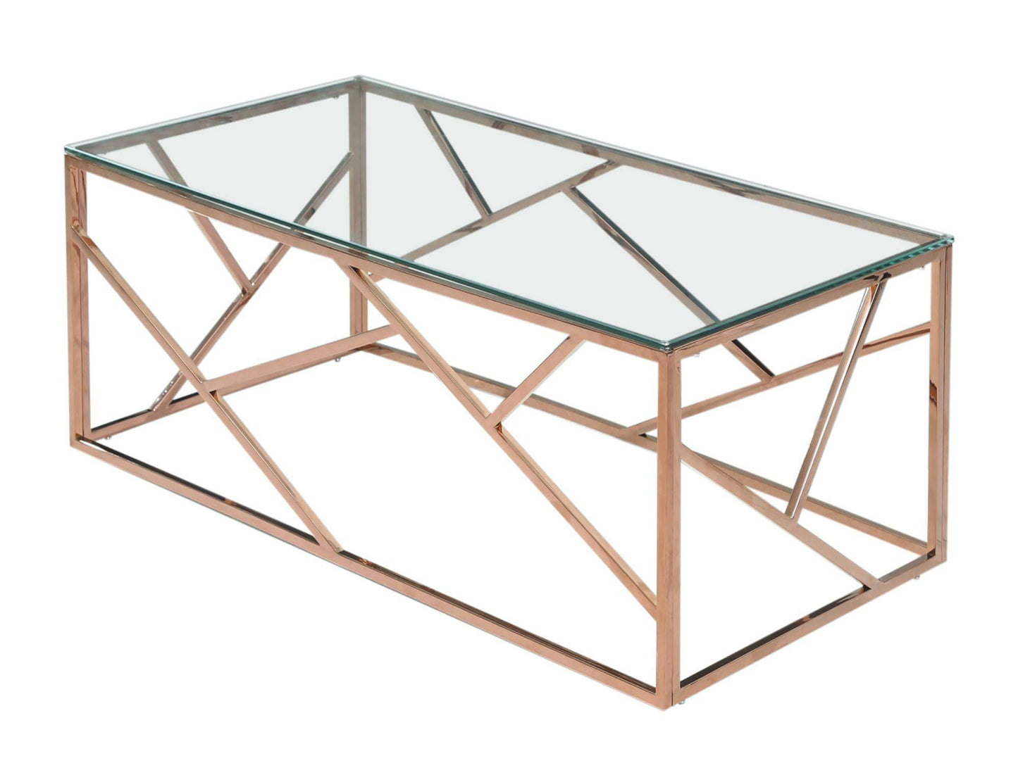 MOSAIC COFFEE TABLE - ROSE GOLD - H 16" / W 47" / D 24" LLL's Mosaic Coffee Table in Rose Gold is a rose gold geometric metal frame coffee table with a clear glass top. This coffee table adds glitz and brilliant shine to any venue. Its beautiful metallic
