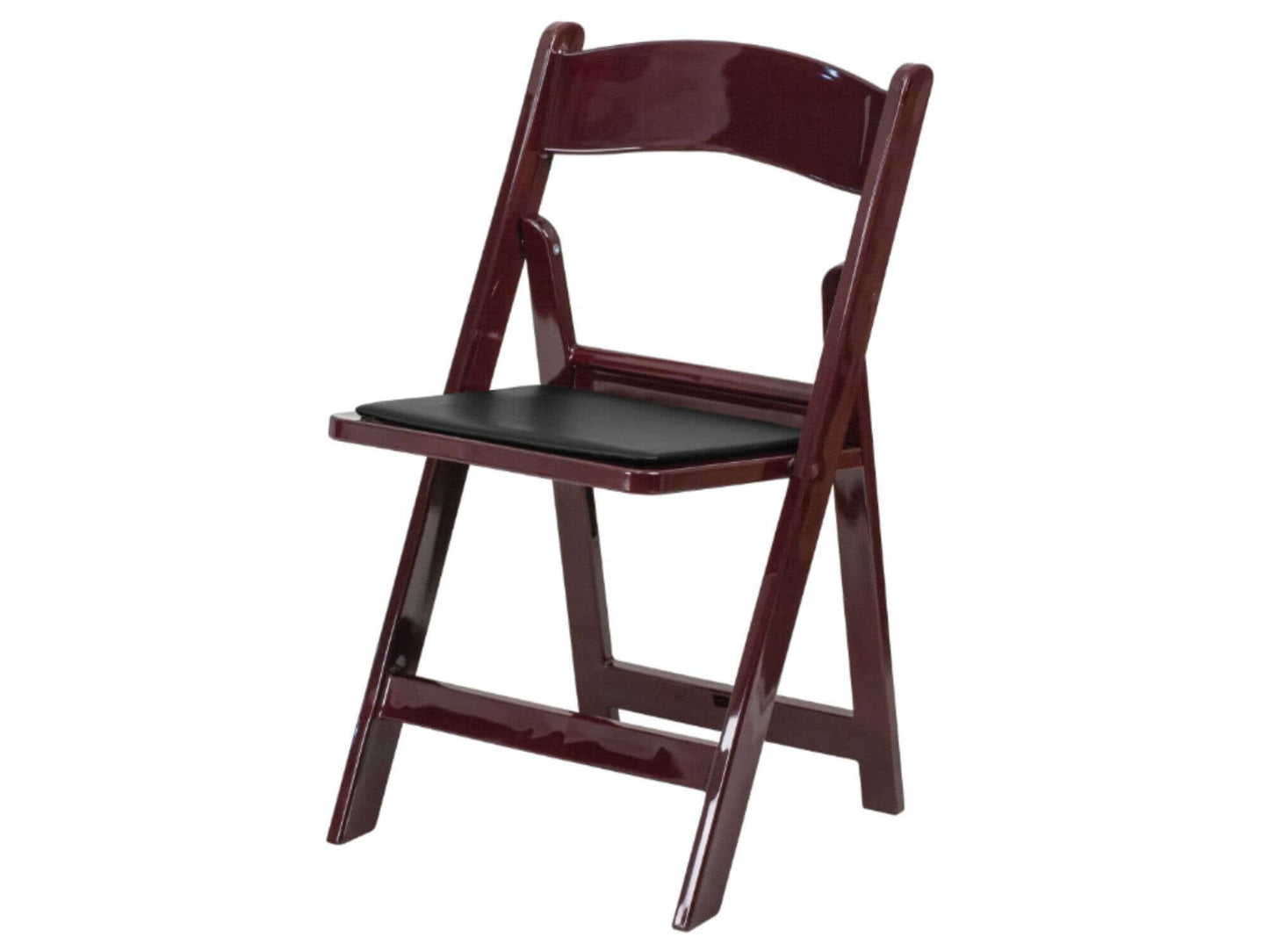 RESIN PADDED FOLDING CHAIR - MAHOGANY - H 30.75" / W 17.5" / D 18" LLL's Resin Padded Folding Chair in Mahogany is the perfect seating solution for both indoor and outdoor events. It is constructed of solid mahogany colored resin with a black vinyl pad in