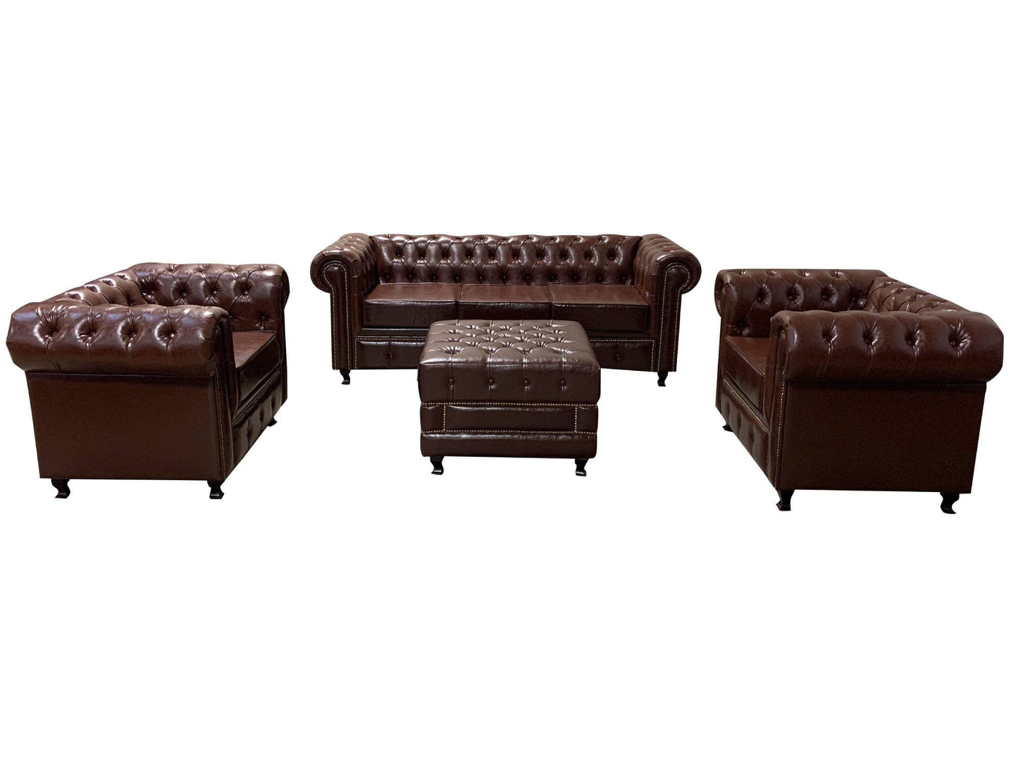 MANHATTAN OTTOMAN - H 19.6" / W 30.7" / D 30.7" LLL's Manhattan Ottoman is a Brown leather button tufted ottoman with brass nail head detail. This traditionally styled ottoman is comfortable and has a rich and robust color. Ideal for creating sophisticate