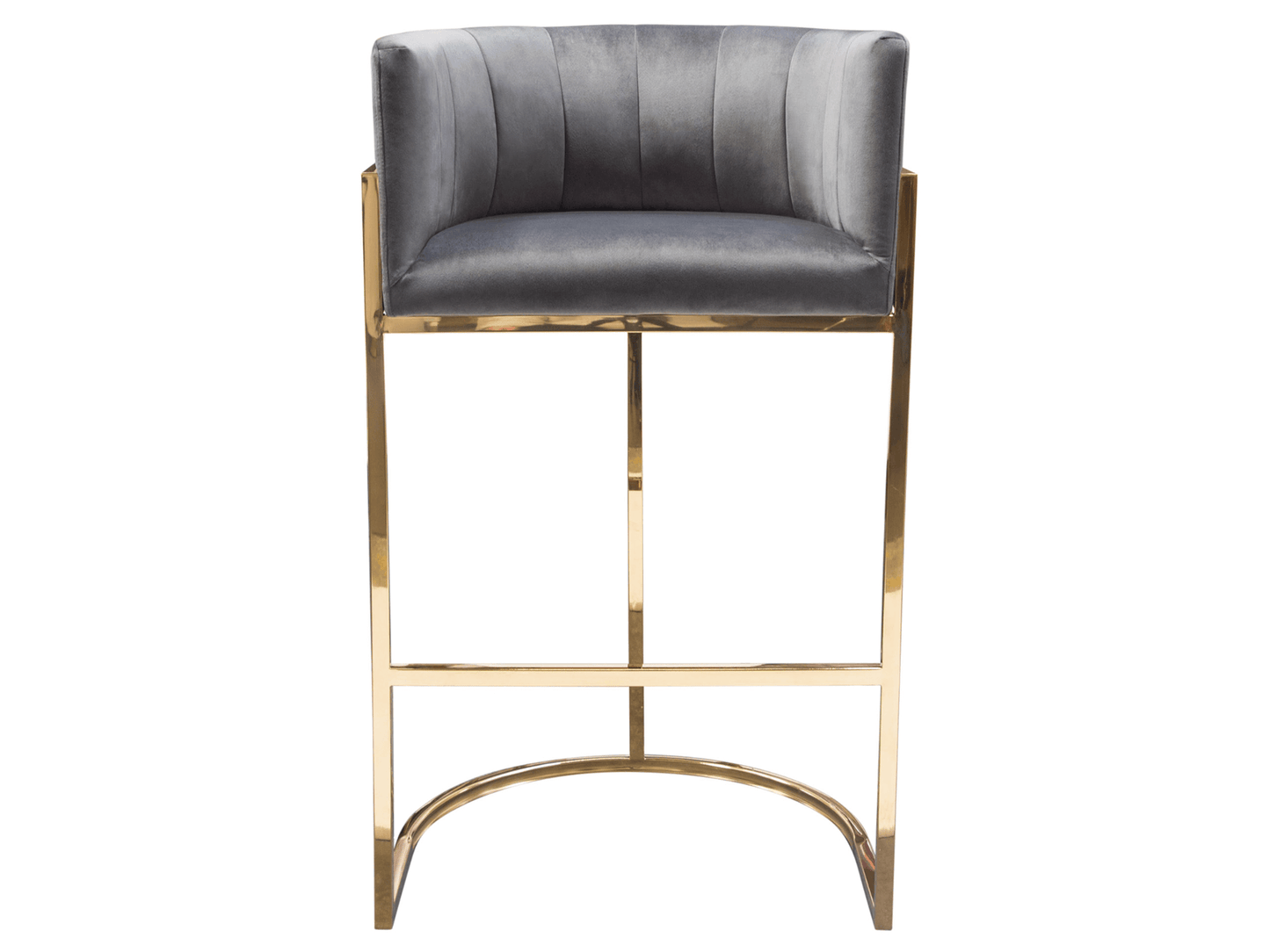 REGENCY BARSTOOL - GREY - H 39.5" / W 23" / D 20.25" LLL's Regency Barstool is the perfect addition to any space looking to elevate its style. Crafted with a comfortable grey seat and a sophisticated gold base, this barstool sits one person and complemen