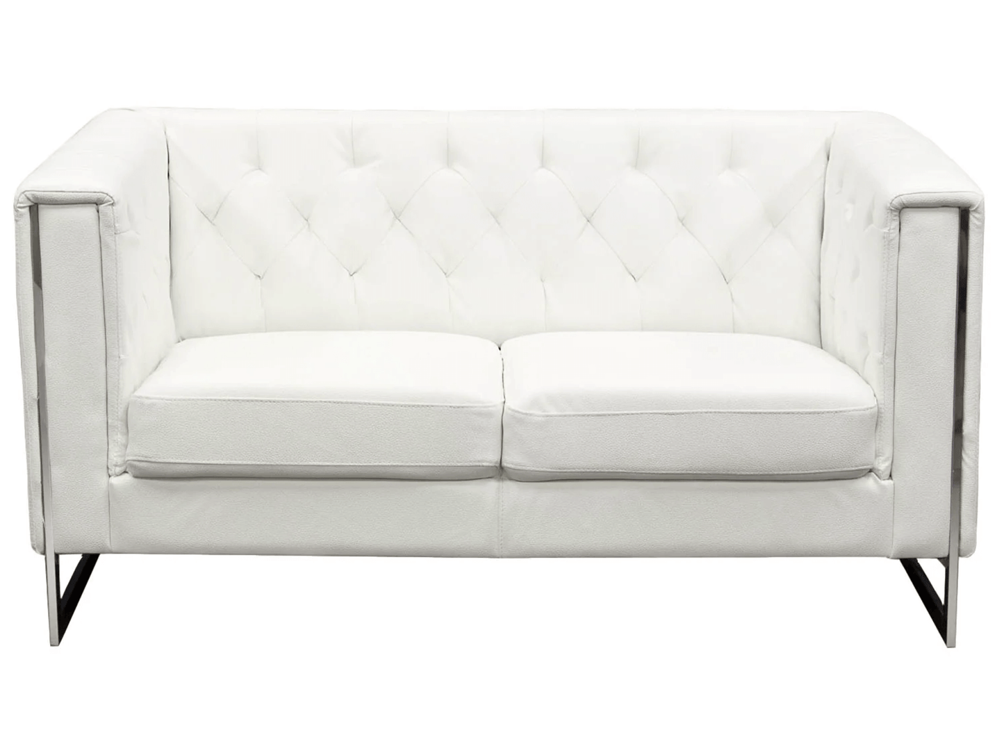 METRO CHROME LOVESEAT - WHITE - H 29" / W 59" / D 34" The Metro Loveseat is a more compact sofa that can be added to any event to provide comfortable seating. This beautiful loveseat is made of white leather with button tufts and features chrome accents f