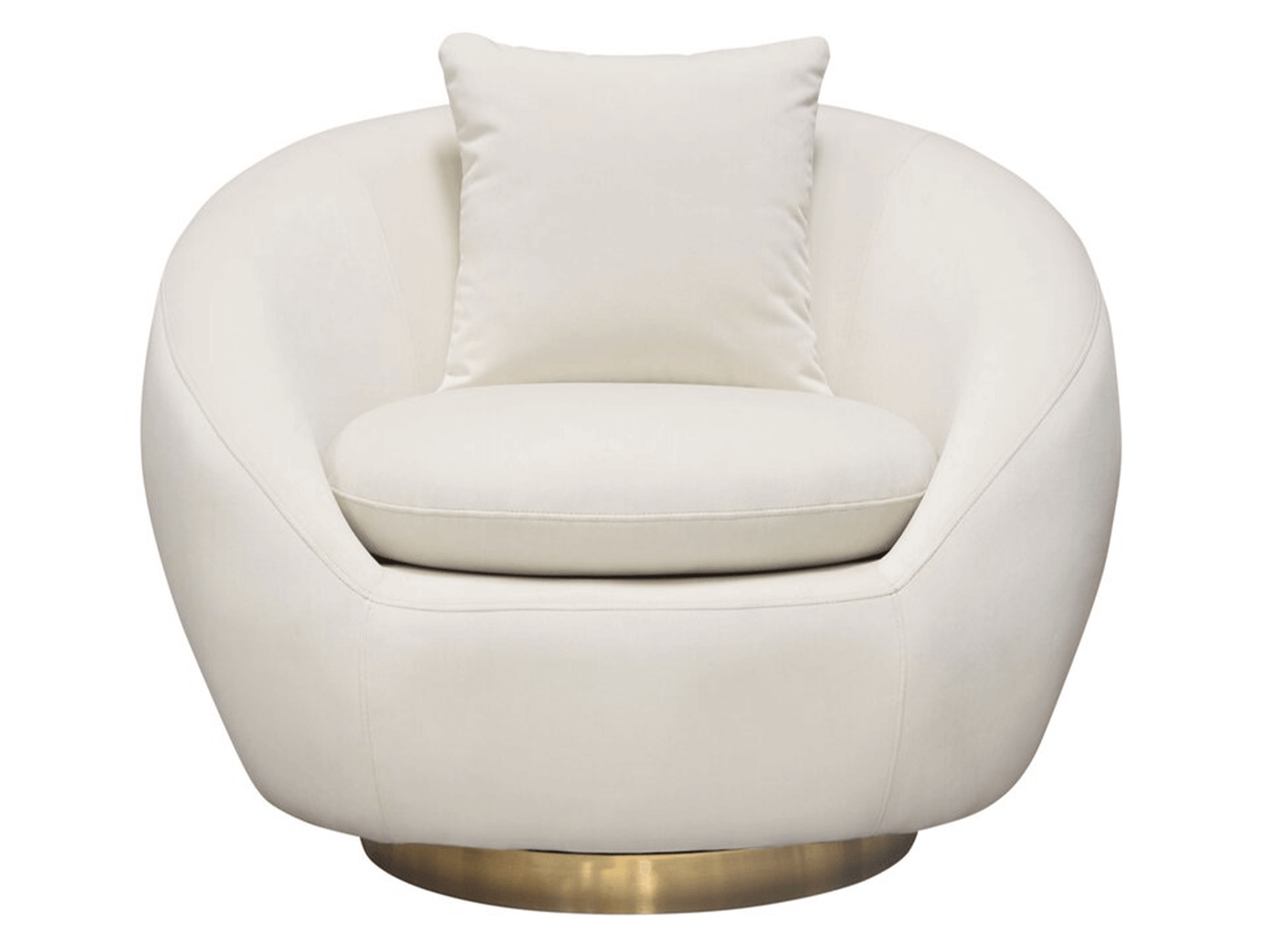 MONACO SWIVEL CHAIR - IVORY - H 32'' / W 39'' / D 35'' The Monaco Swivel Chair in Ivory is a low profile accent chair with a spinning base. This lounge chair is ultra-plush with a matching pillow and gold accents. Its rich ivory color makes it a beautiful