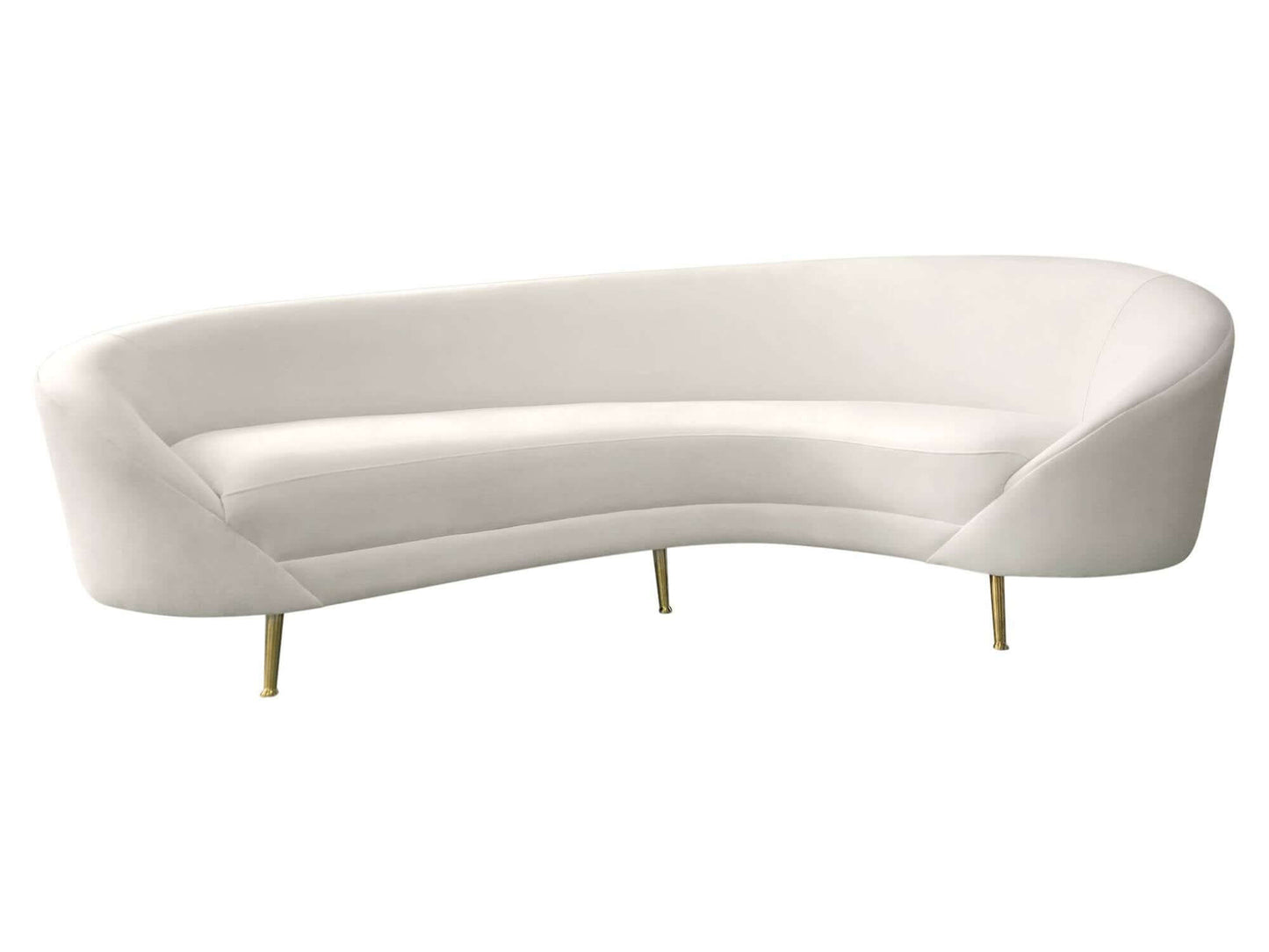 MONACO SOFA - IVORY - H 33" / W 99" / D 51" LLL's Monaco Sofa in Ivory is an asymmetrical contemporary velvet sofa with gold legs. The cool retro modern styling of this sofa is a great addition to formal events and photo shoots. Its bright creamy color ad