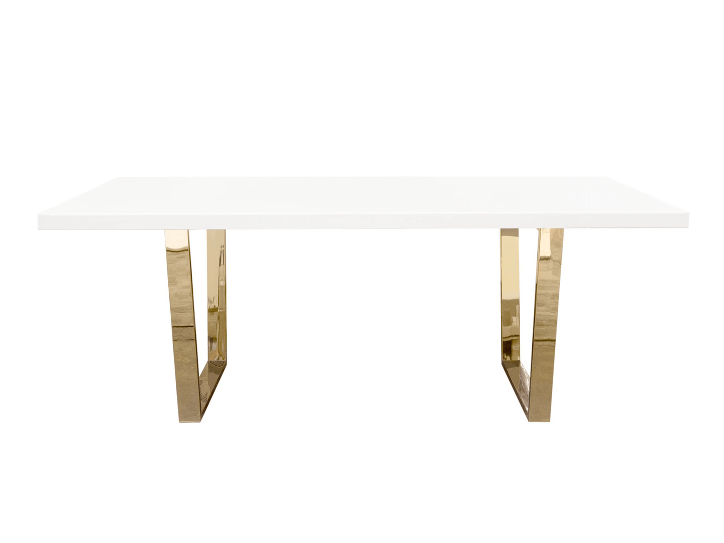 NAPA DINING TABLE - H 30" / W 80" / D 40" The LLL NAPA DINING TABLE is a sophisticated table which features a white glossy top with a polished gold modern base. This dining table is ideal for elegant, seated events. Pair it with the Chandler Dining Chair