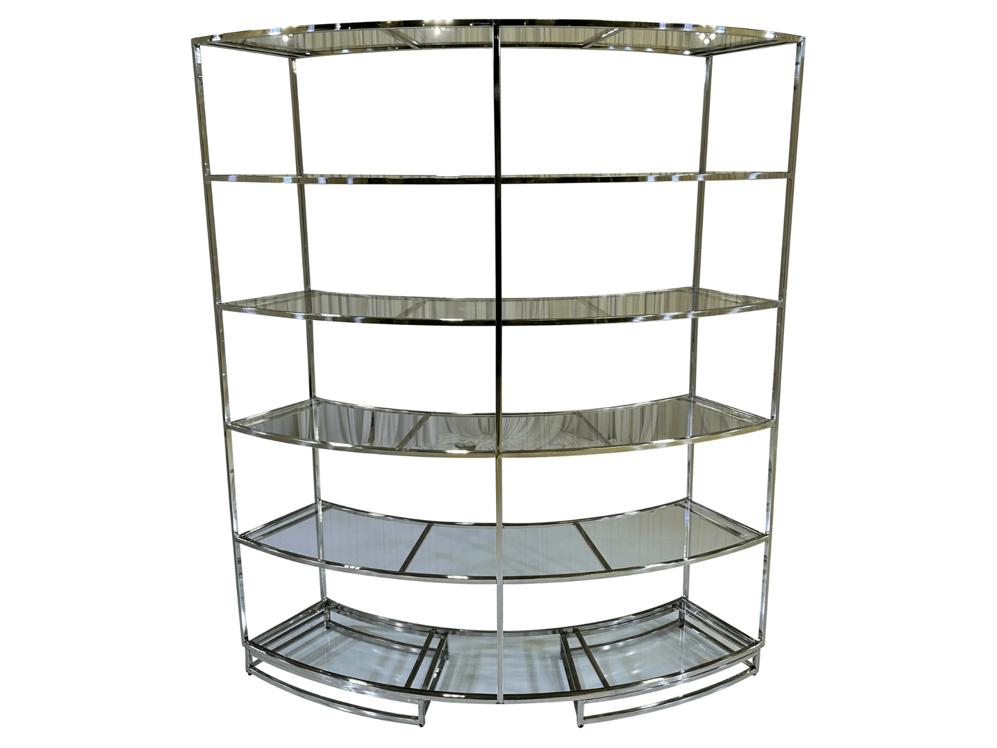 OLIVE DISPLAY UNIT - SILVER - H 91" / W 79" / D 14" | Shelf Height 16" The LLL Olive Display Unit in Silver Is a beautifully curved metal frame display unit with a glass top. This Olive Display Unit adds glitz and brilliant shine to any venue. Its unique