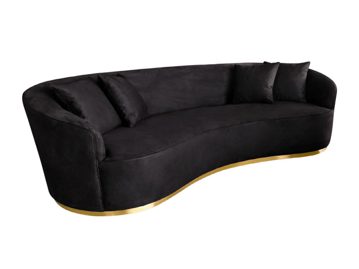 ONYX SOFA - BLACK - H 30" / W 98" / D 41" LLL's Onyx Sofa in Black is a curved velvet sofa with gold trim base. This sofa exudes old Hollywood glamour with modern sensibilities. The deep black velvet is mesmerizing while the gold trim along the base adds