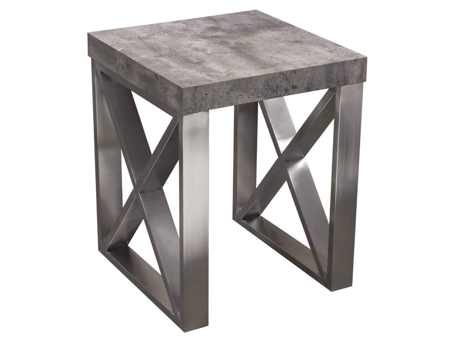 OXFORD ACCENT TABLE - H 22" / W 18" / D 18" LLL's Oxford Accent Table is a faux concrete accent table with a brushed stainless steel base featuring an "X" design detail. This table is modern and industrial without compromising on traditional style element
