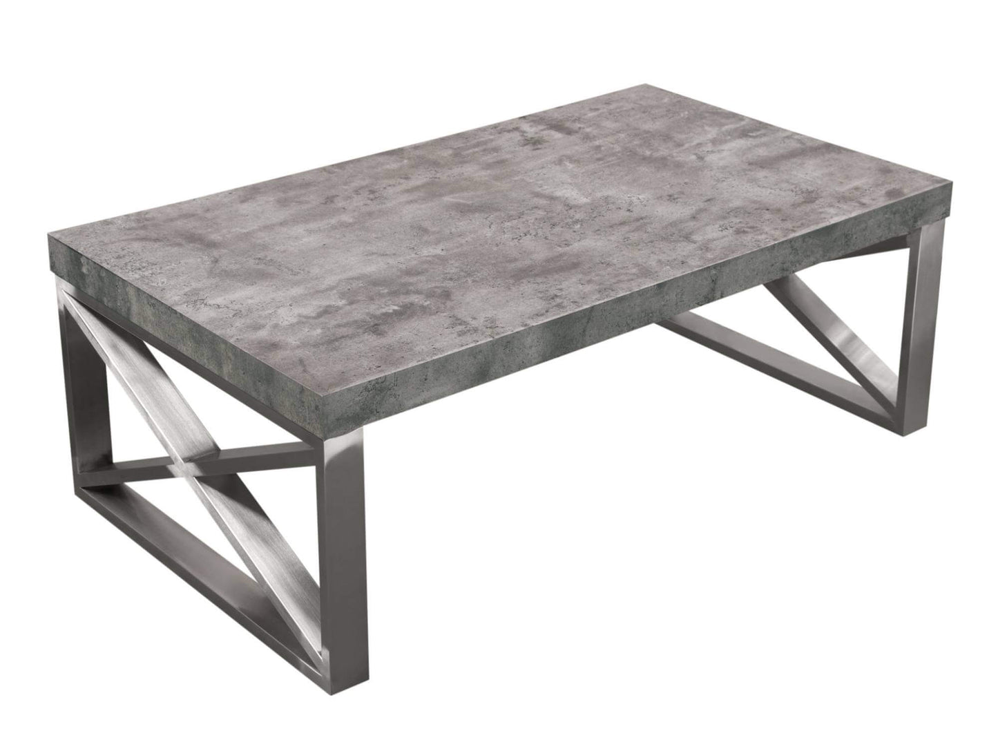 OXFORD COFFEE TABLE - H 16" / W 47" / D 28" LLL's Oxford Coffee Table is a faux concrete coffee table with a brushed stainless steel base featuring an "X" design detail. This table is modern and industrial without compromising on traditional style element