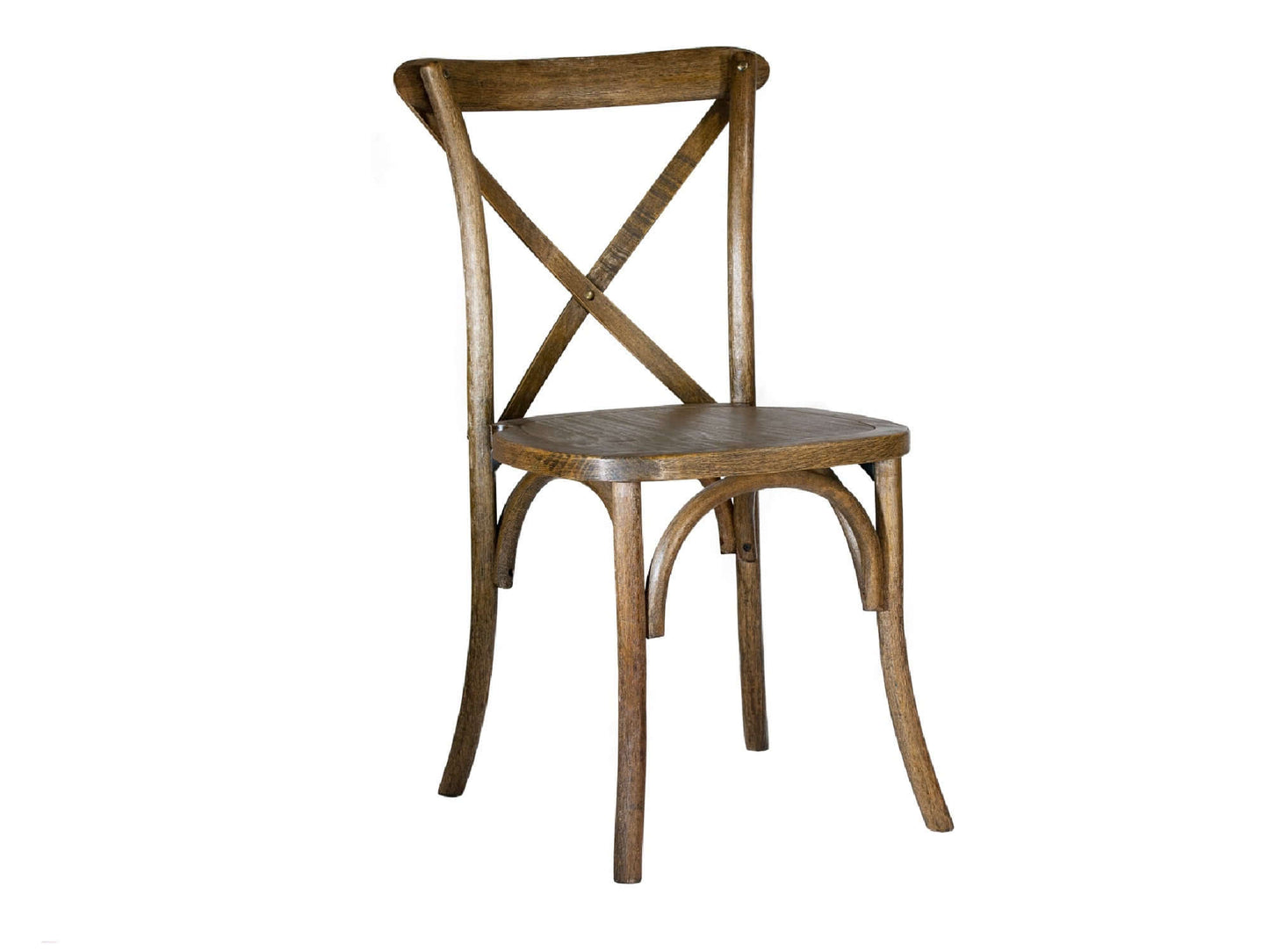 WOOD CROSS BACK CHAIR - PECAN - 35" / W 20.25" / D 23.25" LLL's wood cross back chairs provide a contemporary rustic aesthetic to your event the are beautiful in both indoor and outdoor venues. The beauty of the natural wood brings a sophistication to a r