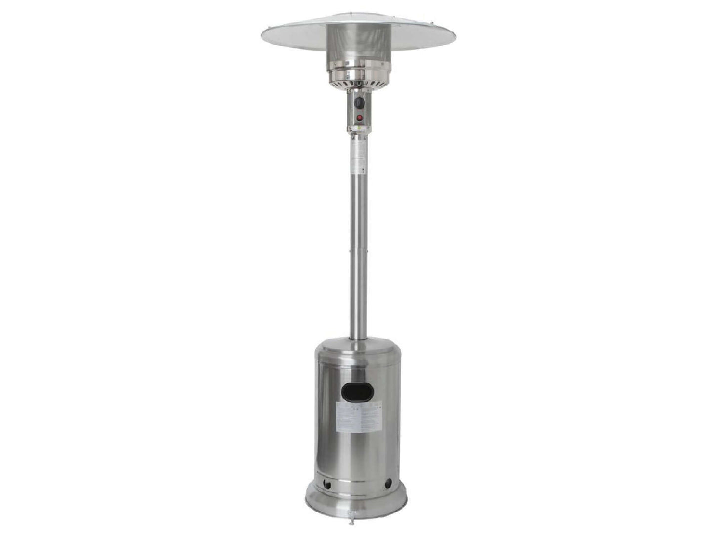 SUNSHINE PATIO HEATER - H 87" / W 31.5" / D 31.5" Includes a 20lb Propane Tank LLL's Sunshine Patio Heater is a round top, stainless steel colored patio heater. This heater comfortably heats 10ft in diameter. The Sunshine Patio Heater includes a 20lb prop