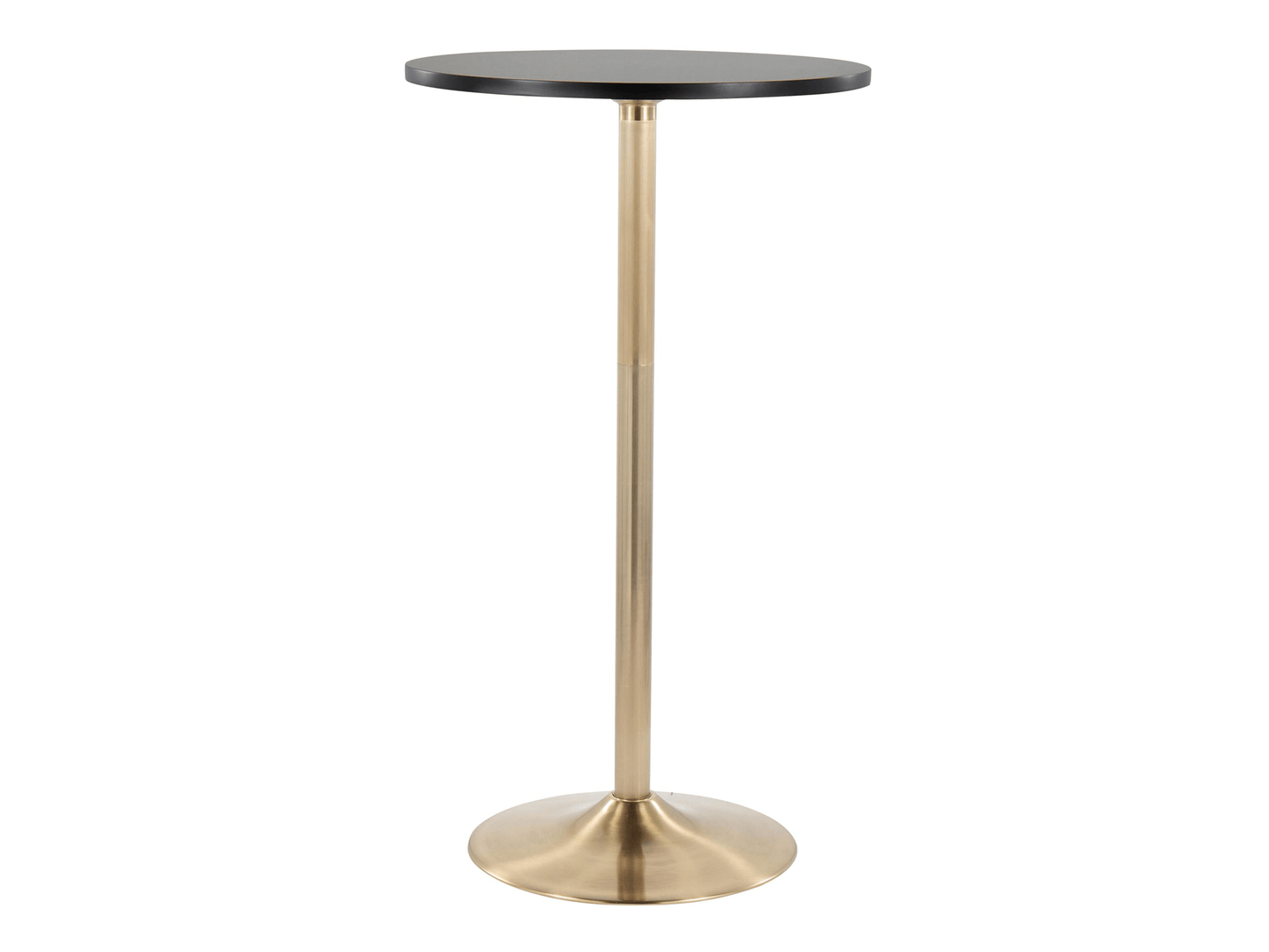 PUB HIGHBOY - BLACK w/ GOLD BASE - H 30-42" / 23.75" Diameter LLL's Pub highboy Cocktail Table is perfect for creating an inviting and fashionable atmosphere. Its sleek black top is sharply contrasted by the striking gold base, creating a stunning look th