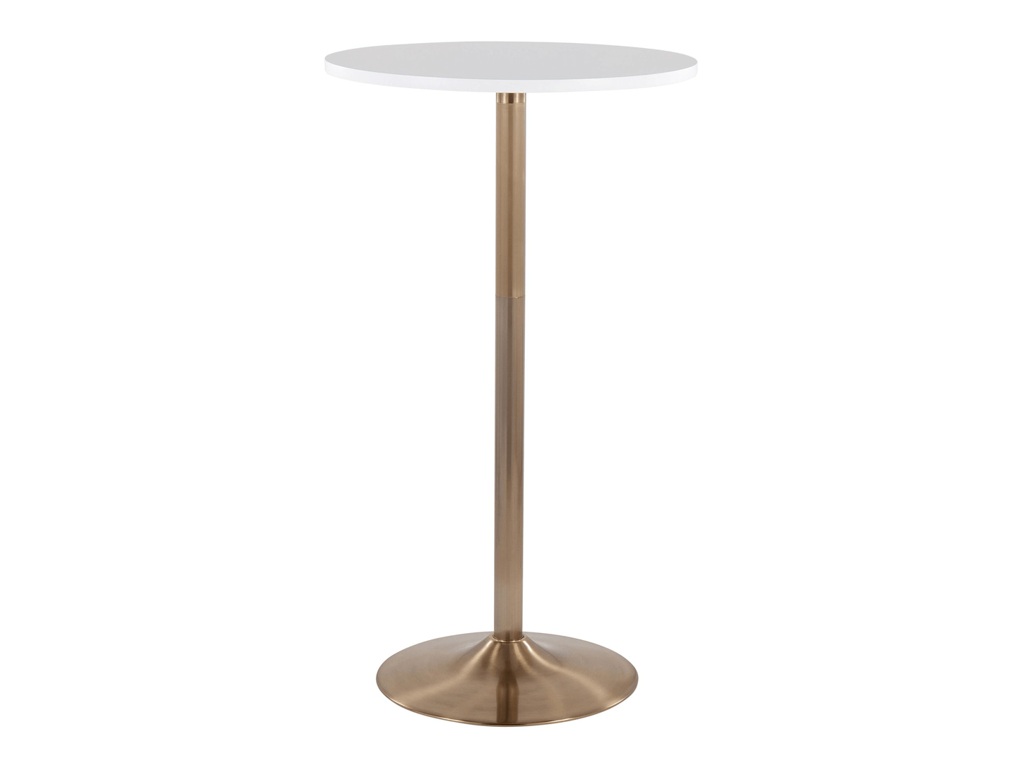 PUB HIGHBOY - WHITE w/ GOLD BASE - H 30-42" / 23.75" Diameter LLL's Pub Lowboy Cocktail Table is perfect for creating an inviting and fashionable atmosphere. Its sleek black top is sharply contrasted by the striking gold base, creating a stunning look tha