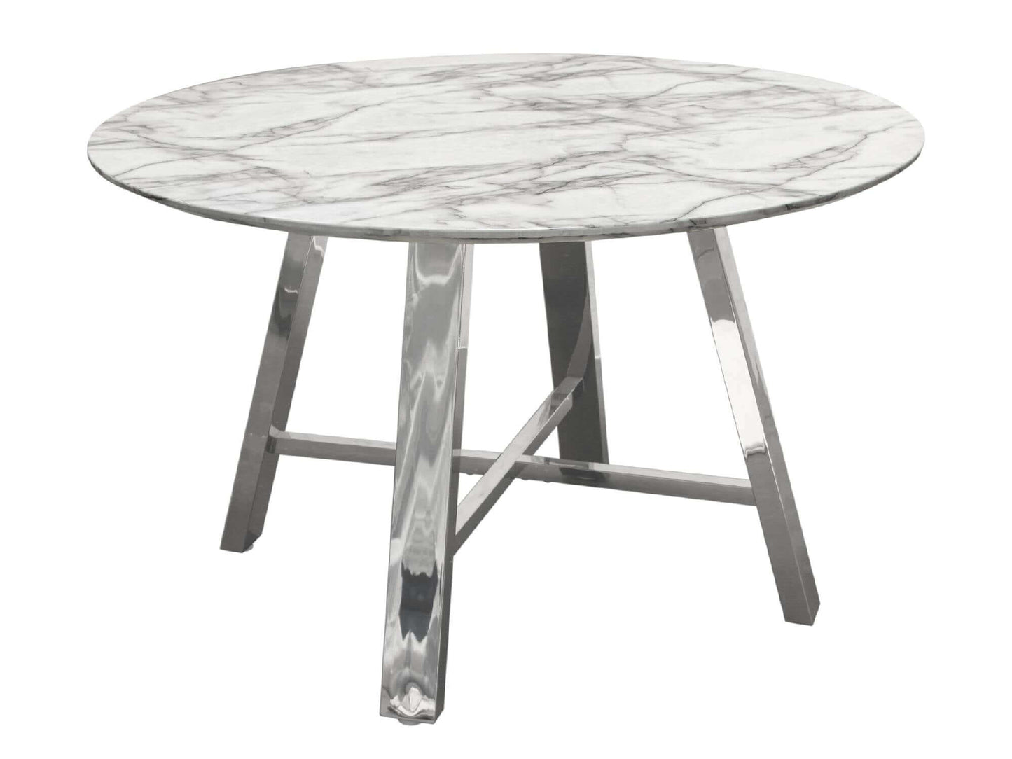QUARRY DINING TABLE - H 30" / 47" Diameter LLL's Quarry Dining Table is a round table with a faux marble top and chrome legs. This table is chic and sophisticated; it makes a beautiful sweetheart table or statement decor piece. The Quarry Dining Table is