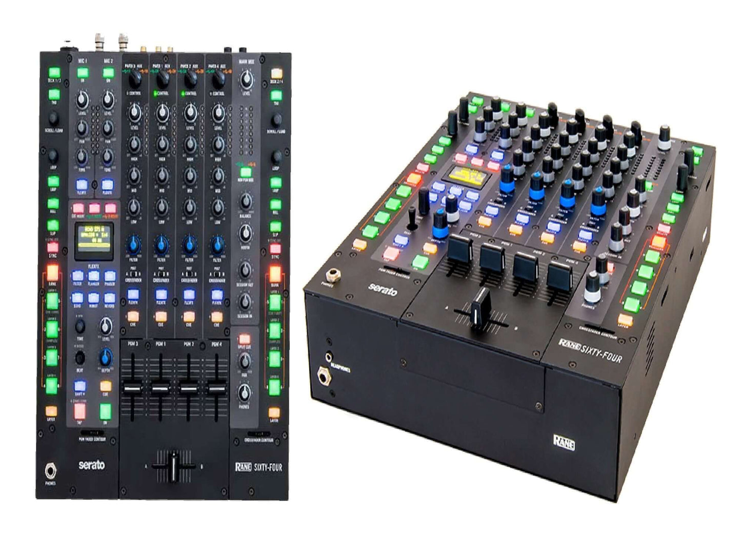 RANE SIXTY-FOUR MIXER - LLL's RANE SIXTY-FOUR MIXER, a top-of-the-line professional DJ mixer that offers extreme performance. It features impeccable accuracy and control due to its precision engineering, with 16 velocity-sensitive trigger pads and 4-chann