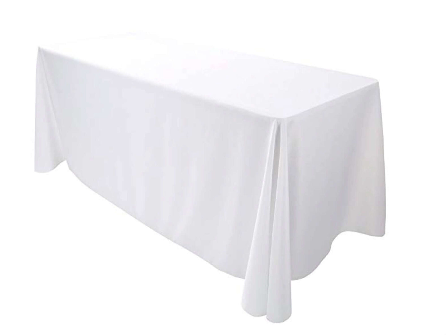 RECTANGULAR POLY LINEN | 90” x 156” - WHITE - W 90” x L 156” High quality polyester linen in White that fits as floor length linen on a 8ft Banquet Table. Traditional polyester linens are an industry standard that create a neat and uniform appearance when