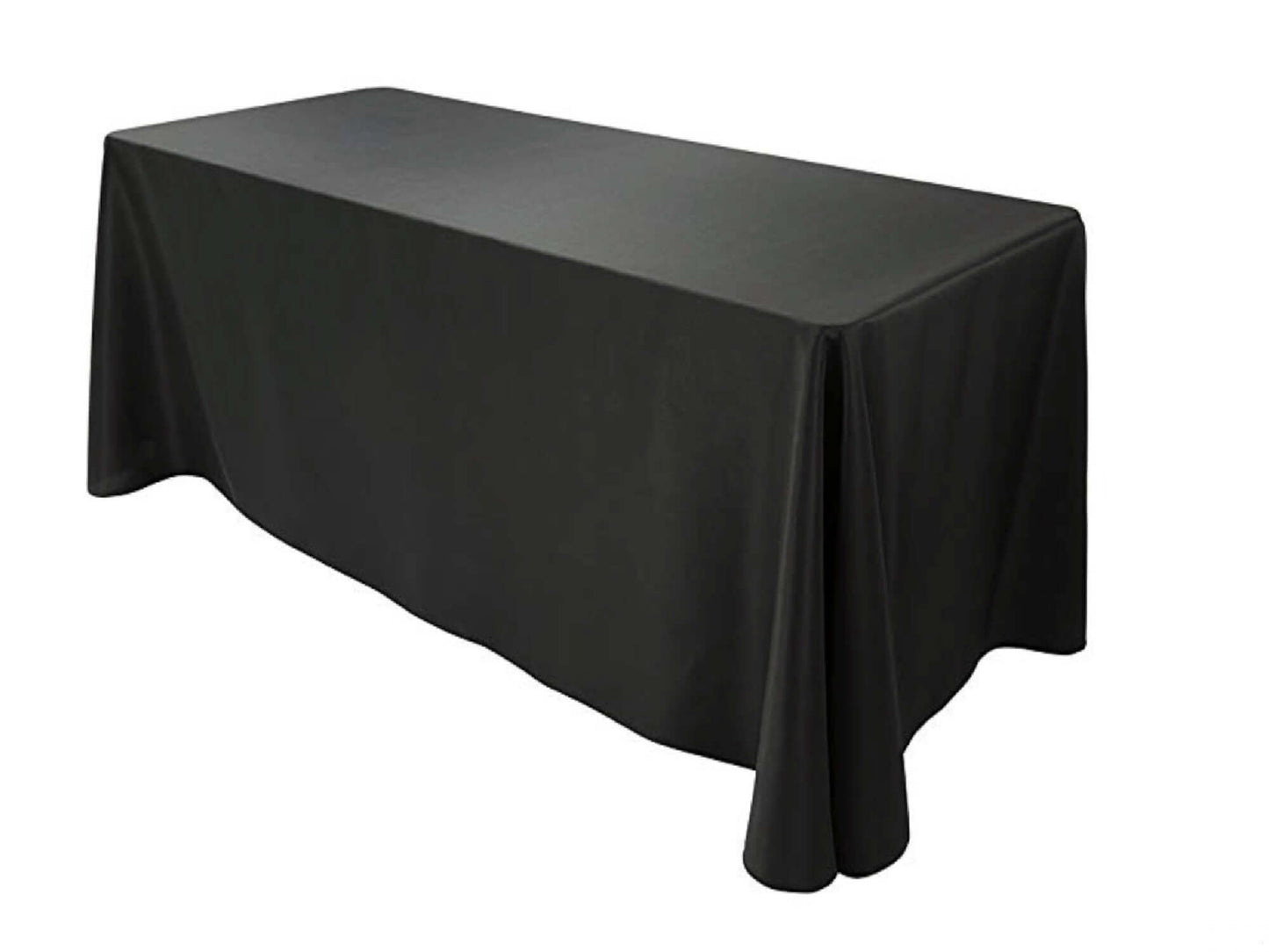 RECTANGULAR POLY LINEN | 90” x 132” - BLACK - W 90” x L 132” High quality polyester linen in Black that fits as floor length linen on a 6ft Banquet Table . Traditional polyester linens are an industry standard that create a neat and uniform appearance wh