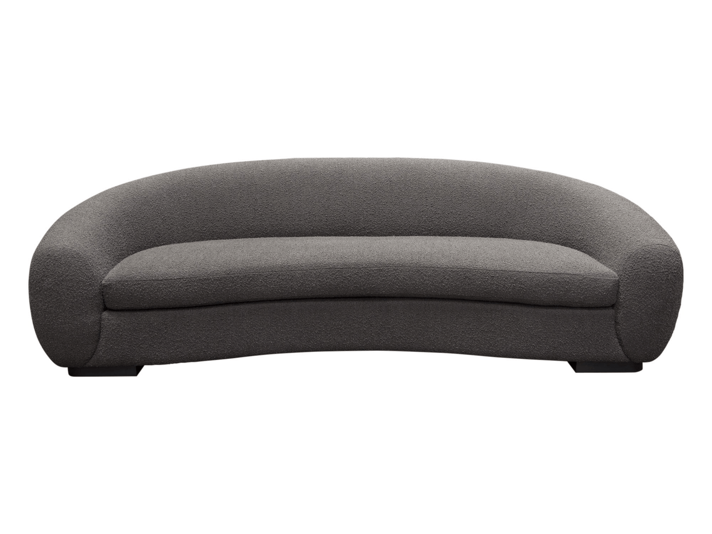 REGIS SOFA - CHARCOAL - H 28" / W 97" / D 48" The Regis sofa is a fluffy charcoal colored modern boucle’ fabric sofa. This curved sofa is comfy-cozy and chic. This plush piece allows guests to be comfortable without trading on style. Perfect for lounge s