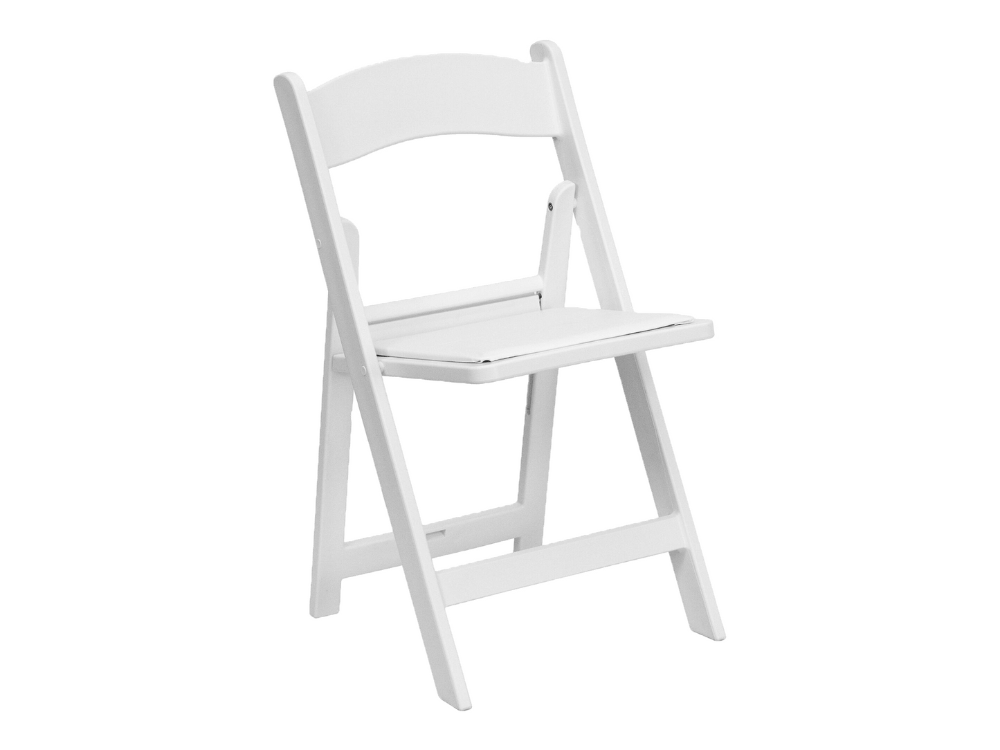 RESIN PADDED FOLDING CHAIR - WHITE - H 30.75" / W 17.5" / D 18" LLL's Resin Padded Folding Chair in White is the perfect seating solution for both indoor and outdoor events. It is constructed of solid white resin with a white vinyl pad in the seat. This c