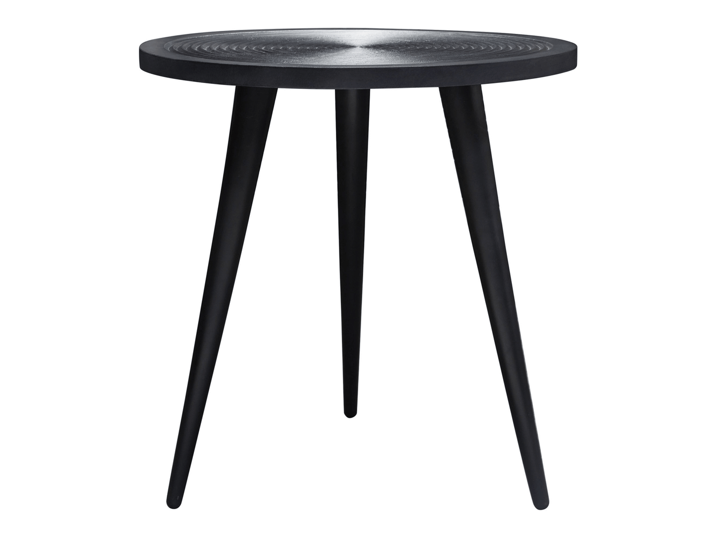 RIVER ACCENT TABLE - H 24'' / W 23'' / D 23'' The River Accent Table is a black round tripod style side table. This accent table has a sleek design with a concentric circle pattern on its surface. This table is simple in its design and elevated by its det