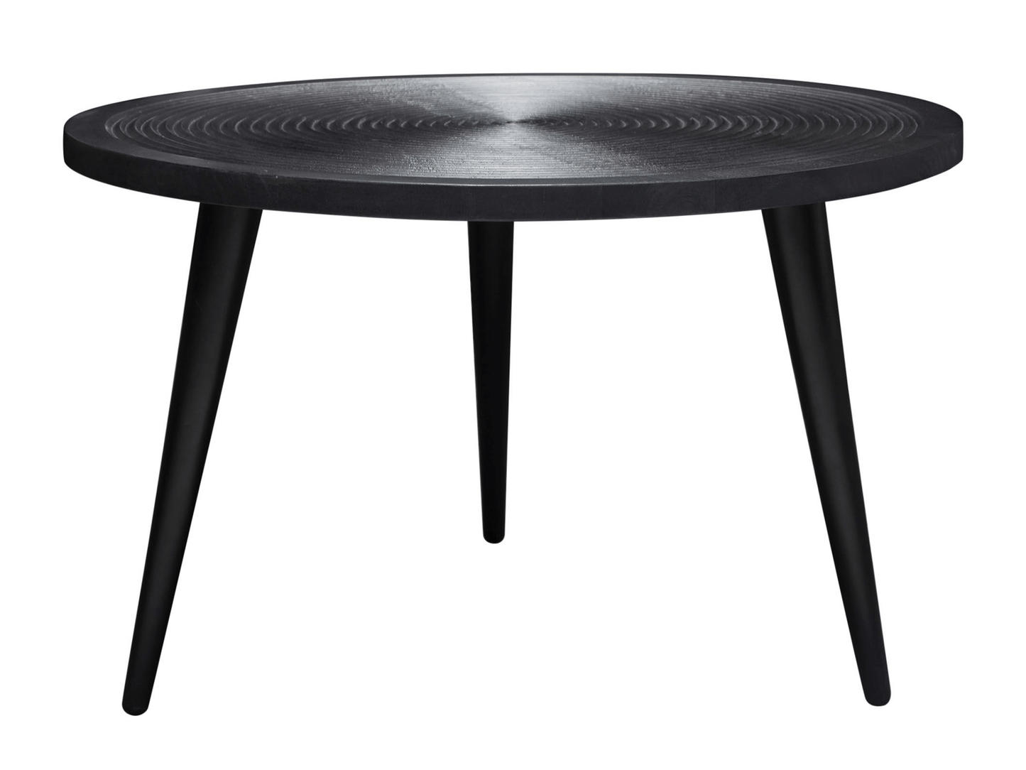 RIVER COFFEE TABLE - H 18'' / W 29'' / D 29'' The River Coffee Table is a black low profile round table with three legs. This coffee table has a lustrous finish with a concentric circle design on its flat surface. Its modern design is simple and subtle an