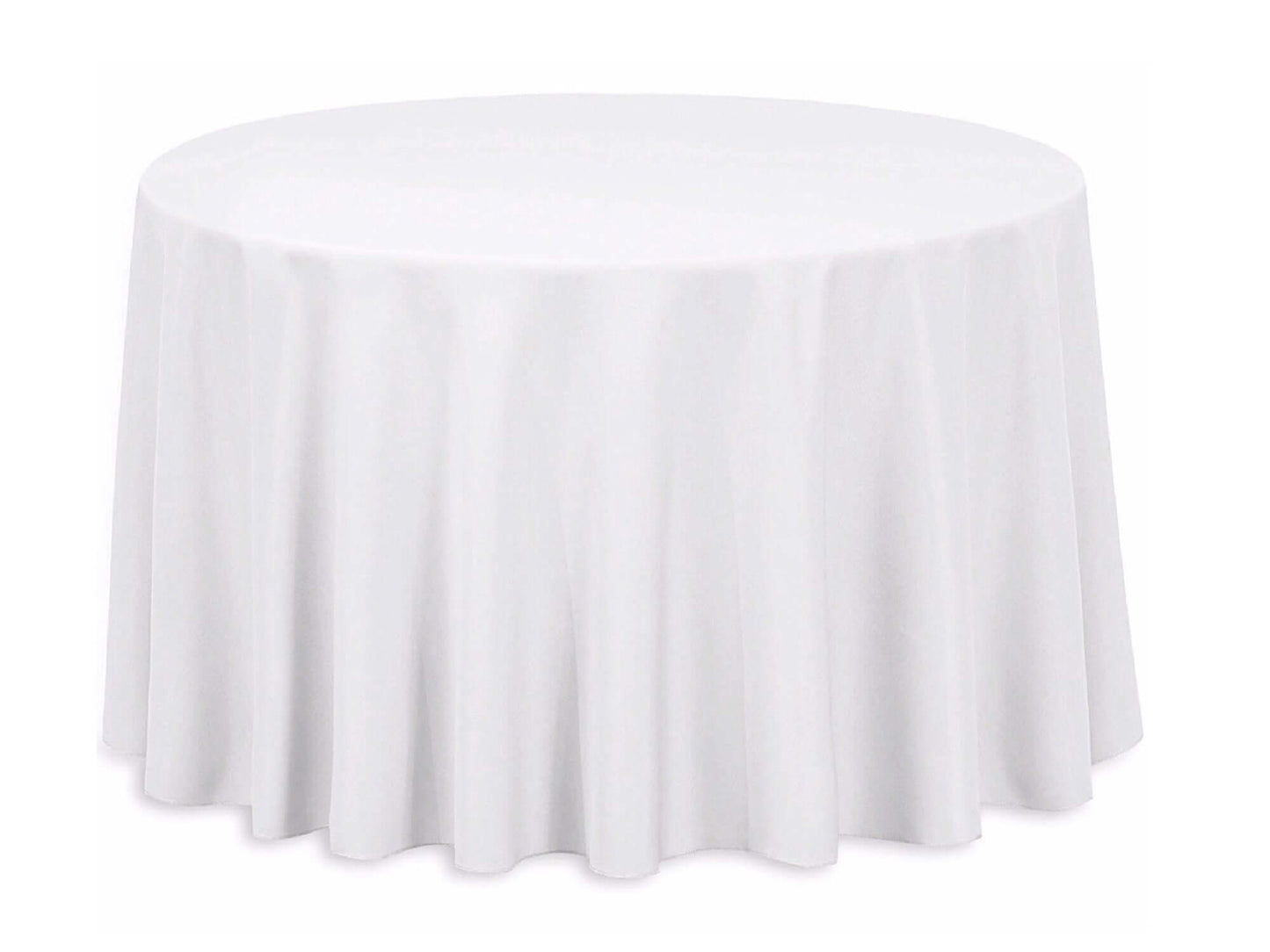 ROUND POLY LINEN - WHITE | 108" - 108" Diameter High quality polyester linen in White that fits as floor length linen on a 36" Round Table. Traditional polyester linens are an industry standard that create a neat and uniform appearance when placed on tabl