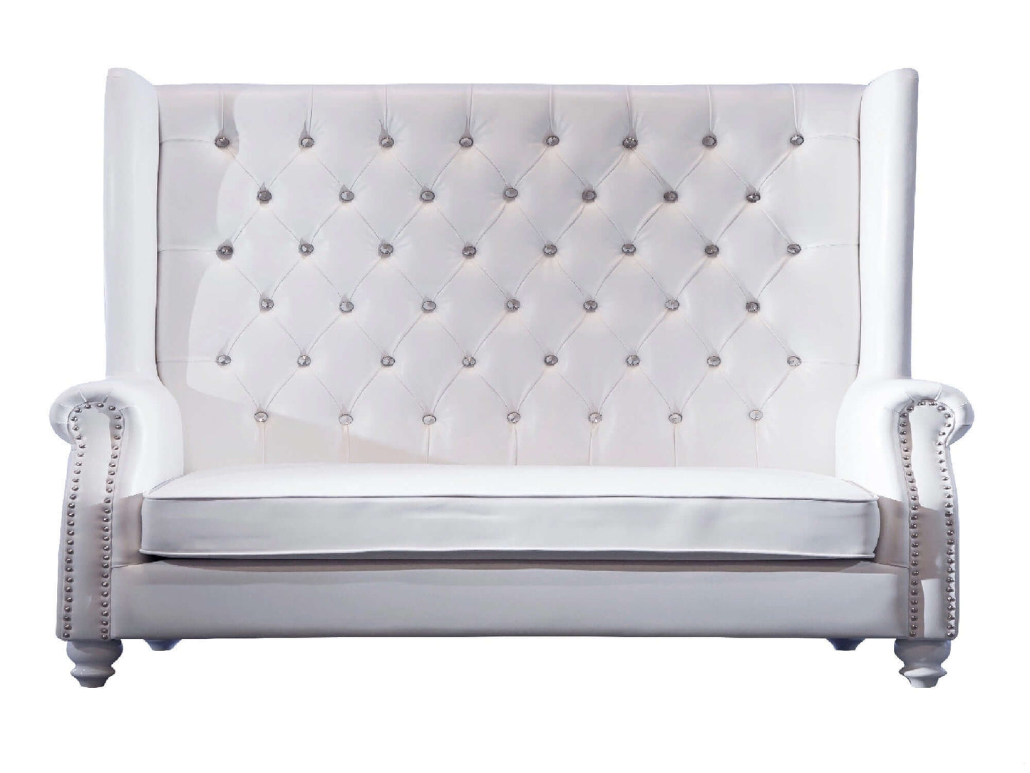 ROXY LOVESEAT - H 61" / W 56" / D 30" / D(seat) 24" The Roxy loveseat is a modern classic. This lovely seat features diamond tufted white leather with studded arm chair details. This seat will fit seamlessly in any venue and will provide a refreshed tradi