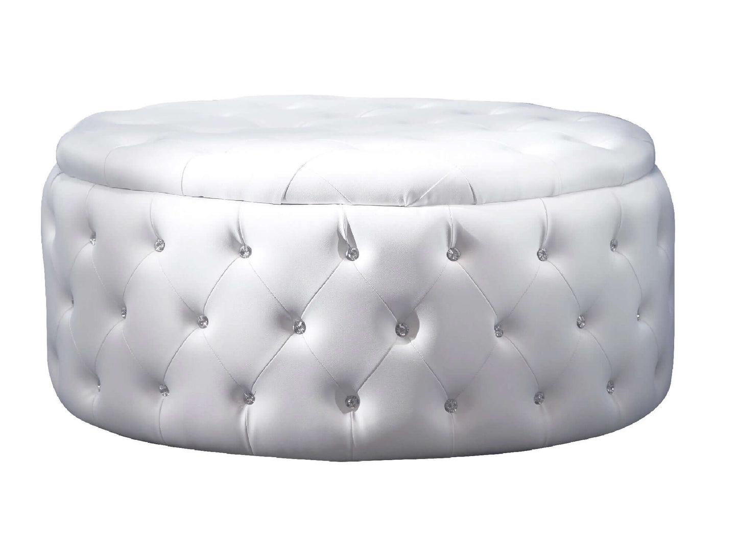 ROXY OTTOMAN - H 19" / 42" Diameter Glitz and glamour is the only way to describe the Roxy diamond tufted ottoman. This large white ottoman is stunning from all angles as its diamond tufts sparkle and shine in the light. Pair this ottoman with the Roxy lo
