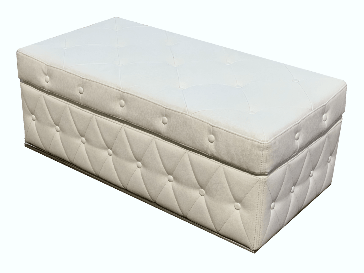 ROYALTY BENCH OTTOMAN - WHITE - H 16" / W 43" / D 22" The classic rectangular bench is a nice addition to any event design. This tufted leather piece can be used as an ottoman to provide extra seating or surface area for decorative elements. The classic r