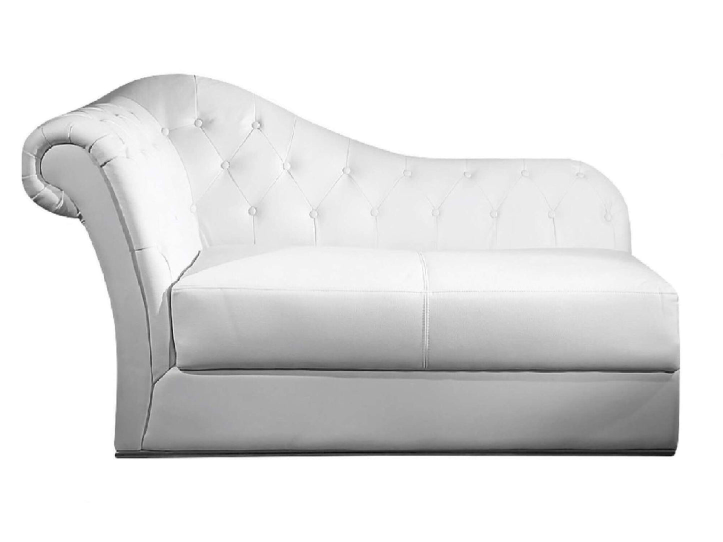 ROYALTY CLASSIC CHAISE LOUNGE - H 35" / W 67" / D 30" / D(seat) 23" Lay in the lap of luxury in the Royalty Classic chaise lounge. This seat features smooth traditional lines and white tufted leather. This chaise lounge adds timeless style to any event.