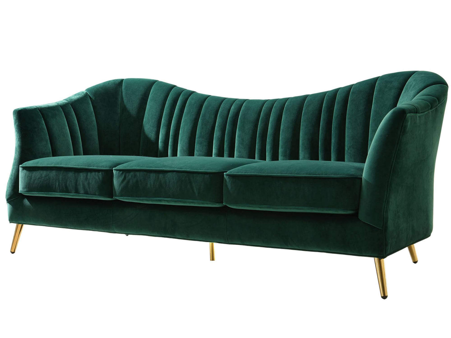 SINCLAIR SOFA - EMERALD - H 35" / W 92" / D 36" LLL's Sinclair Sofa in Emerald is a deep green seamed velvet sofa with a curvaceous contoured back. This sofa has timeless lines that add effortless glamour and style to event designs. Its vibrant color prov